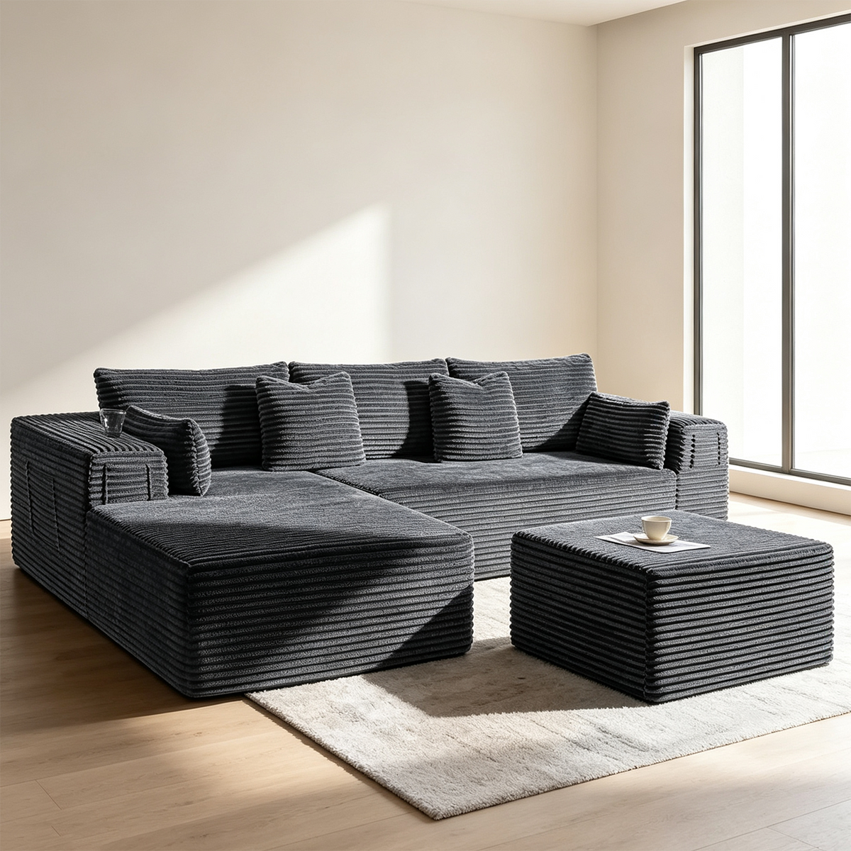 108"Modular Cloud Sectional Sofa with Chaise,Extra Deep Seat Corduroy Couch,Memory Foam,No Assembly,Living Room & Apartment,Dark Gray