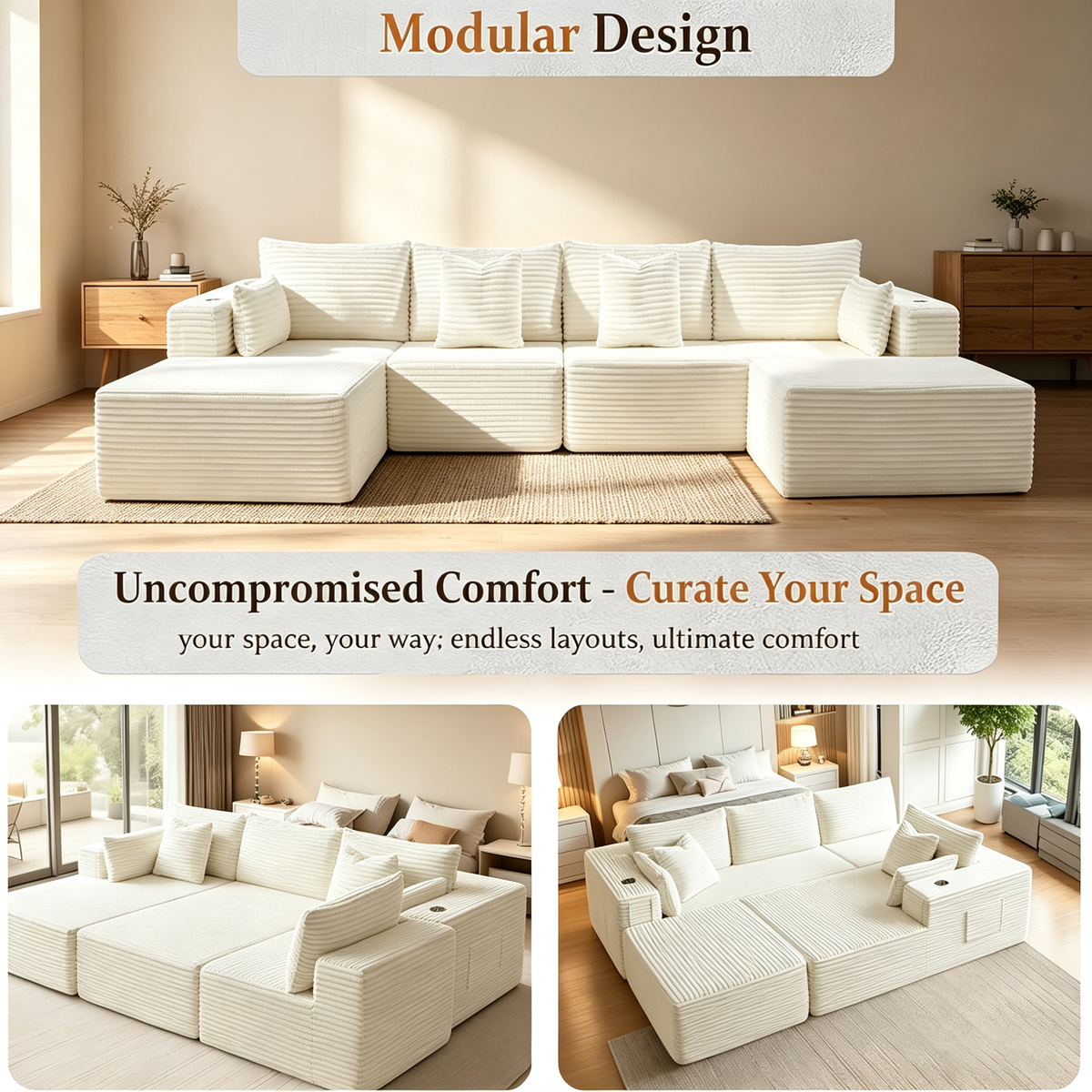 108"Modular Cloud Sectional Sofa with Chaise,Extra Deep Seat Corduroy Couch,Memory Foam,No Assembly,Living Room & Apartment,Beige