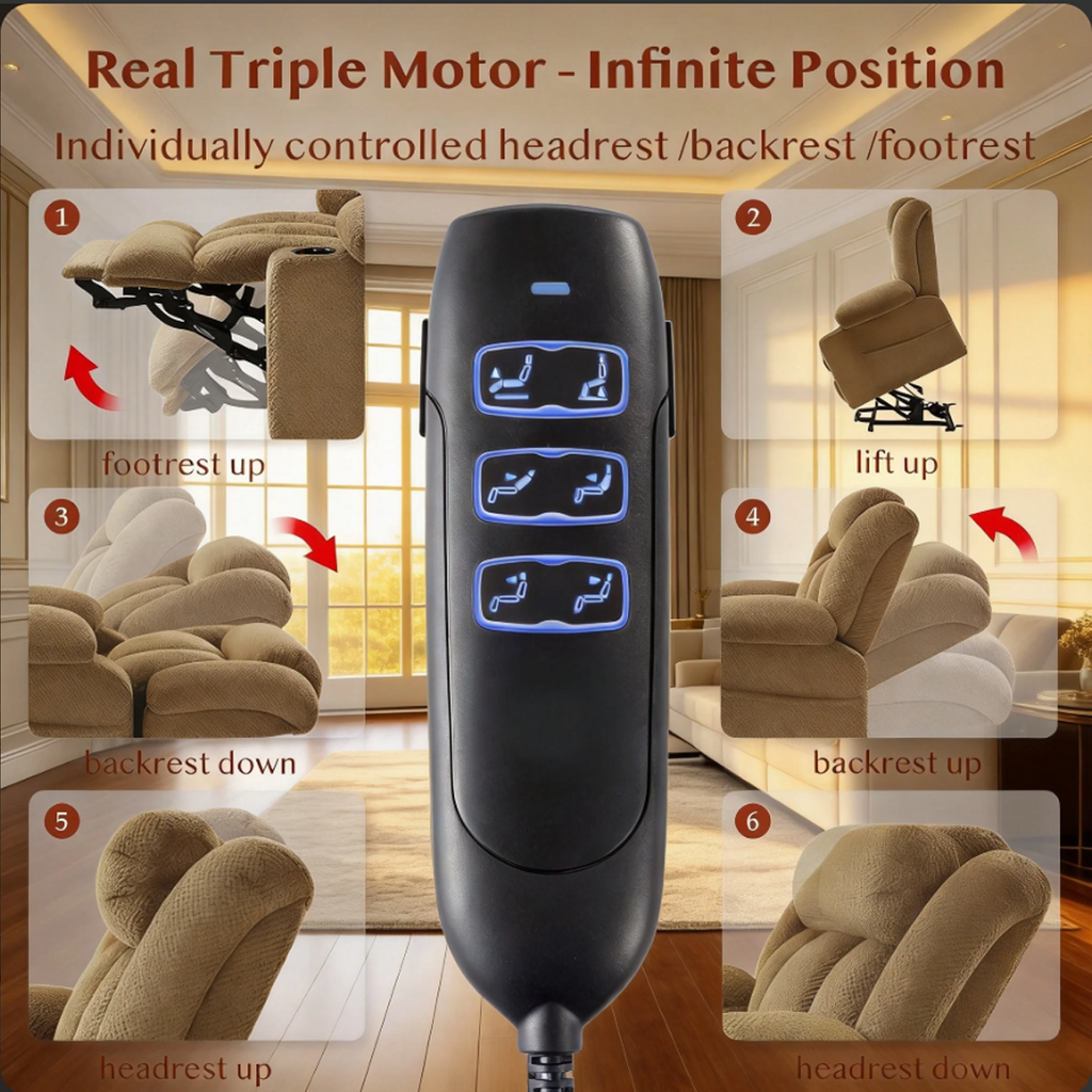 Triple Motor Power Lift Recliner Chair for Elderly,Large Wide Lay Flat Lift Chair with Infinite Position,Power Headrest,Heat & Vibration Massage,Heavy Duty Recliner for Big & Tall Seniors,Beige