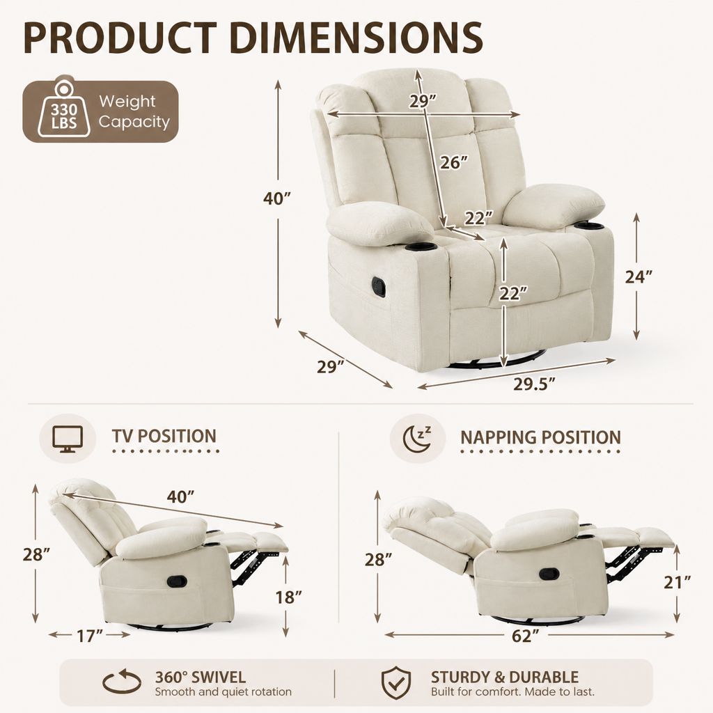 Swivel Rocker Recliner Chair for Adults with Heat & Vibration Massage, 360° Swivel Reclining Chair with Cup Holders, Pull-Out Footrest, Fabric Single Sofa for Living Room,Beige