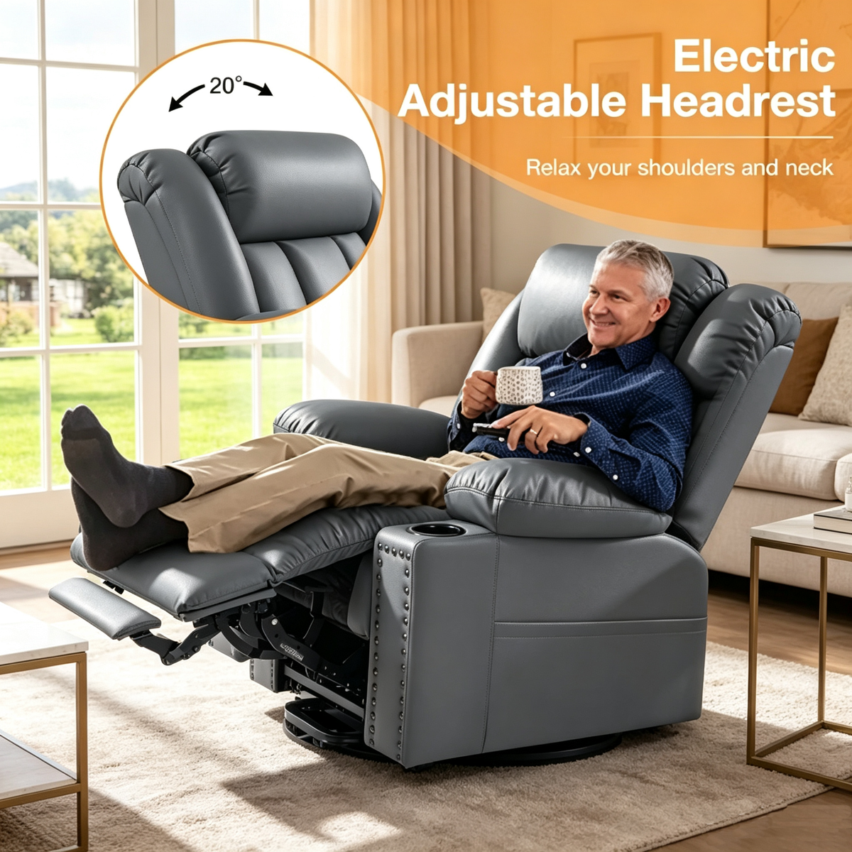 Triple Motor Power Lift Recliner Chair for Elderly with Heat & Vibration Massage,Extended Footrest,USB-A & USB-C Ports,Faux Leather,Grey
