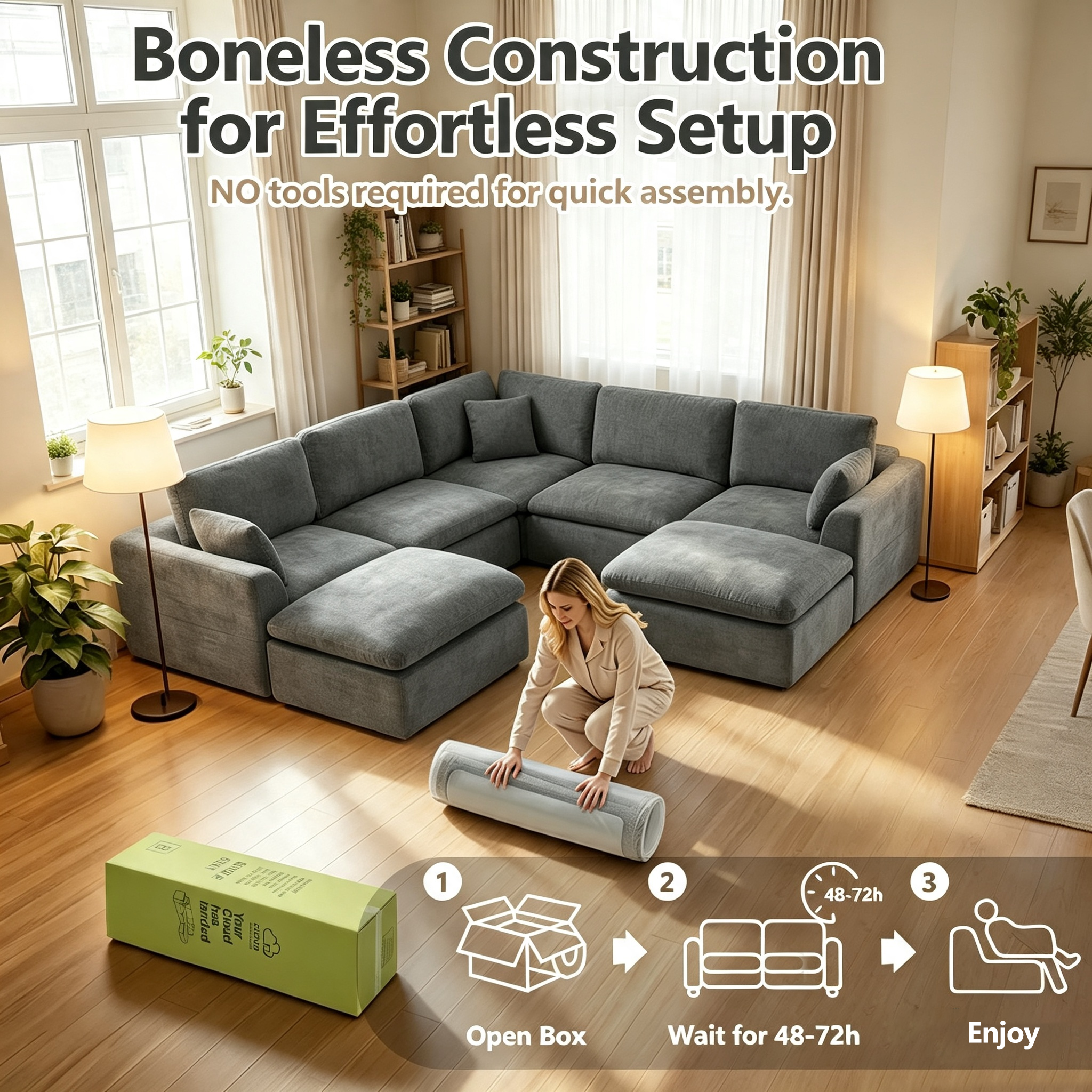 110" Modular Sectional Sofa with Ottoman,Boneless Cloud Couch with Double-Layer Memory Foam and Chenille Fabric,Deep Seat Comfortable Sofa for Living Room,Dark Gray,4 Seater L shaped