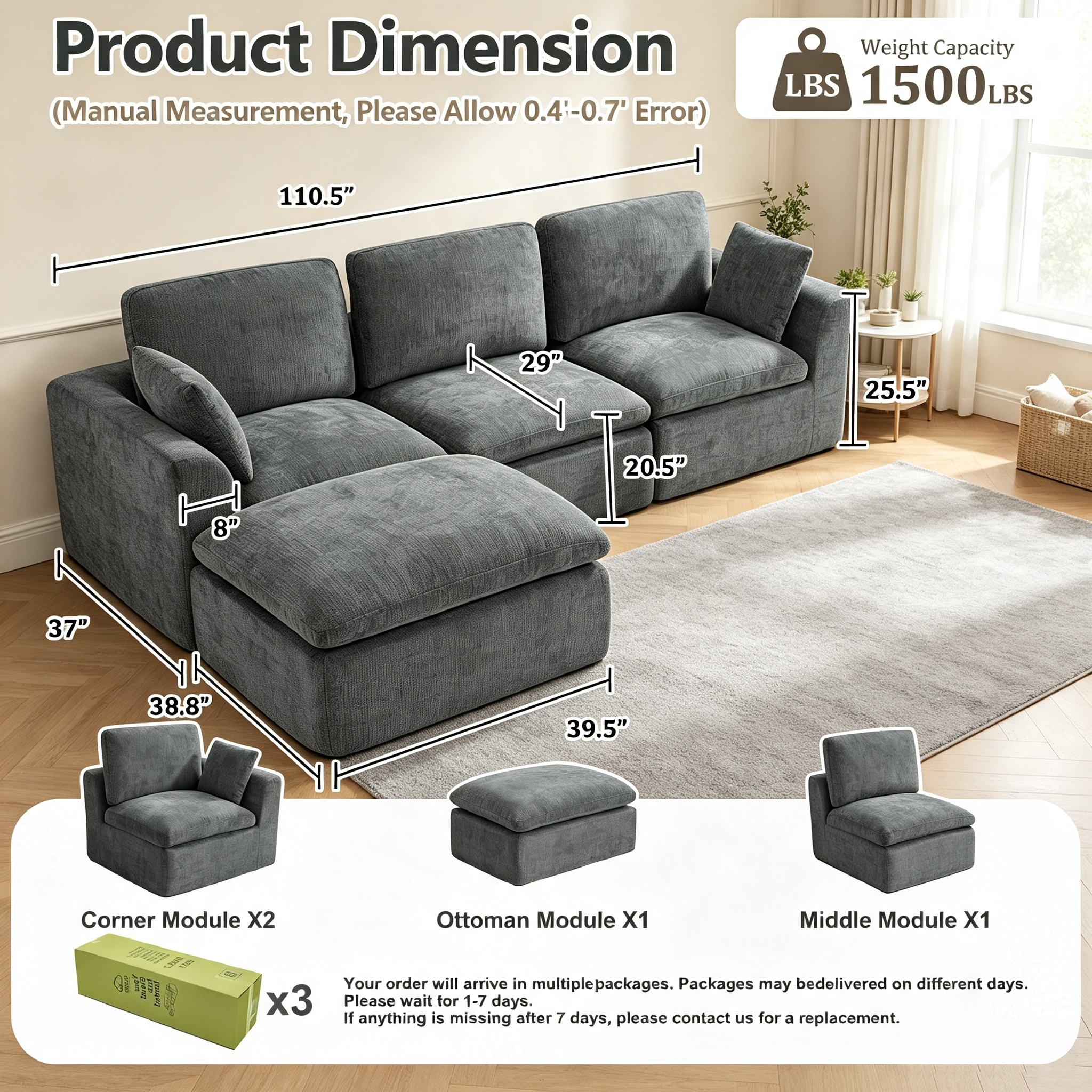 110" Modular Sectional Sofa with Ottoman,Boneless Cloud Couch with Double-Layer Memory Foam and Chenille Fabric,Deep Seat Comfortable Sofa for Living Room,Dark Gray,4 Seater L shaped