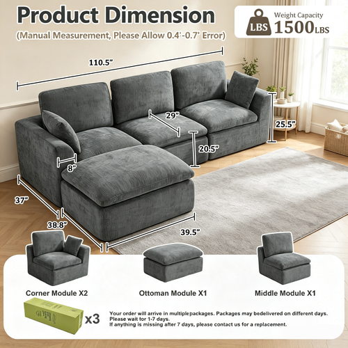 110" Modular Sectional Sofa with Ottoman,Boneless Cloud Couch with Double-Layer Memory Foam and Chenille Fabric,Deep Seat Comfortable Sofa for Living Room,Dark Gray,4 Seater L shaped