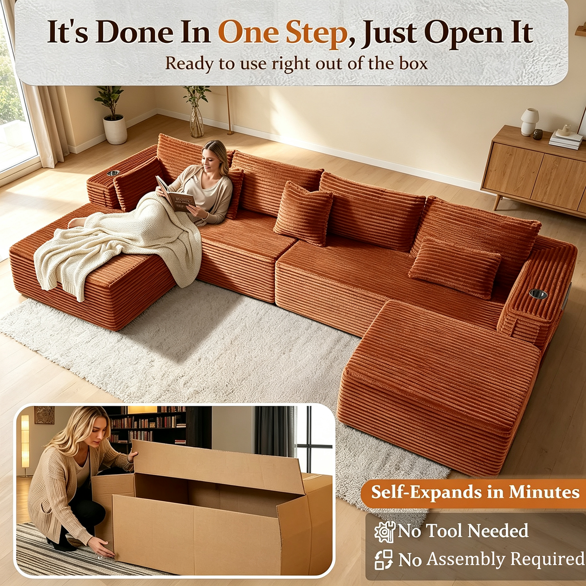 138"Modular Cloud Sectional Sofa with Chaise,Extra Deep Seat Corduroy Couch,Memory Foam,No Assembly,Living Room & Apartment,Orange