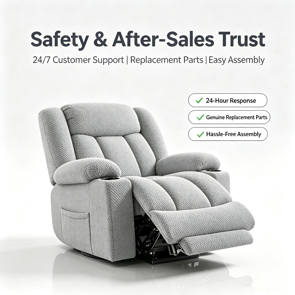 Power Lift Recliner Chair for Elderly with Heat and Vibration Massage, Large Wide Electric Lift Chair with Extended Footrest, Plush Flannel Recliner with 2 Cup Holders and Side Pockets, Light Grey