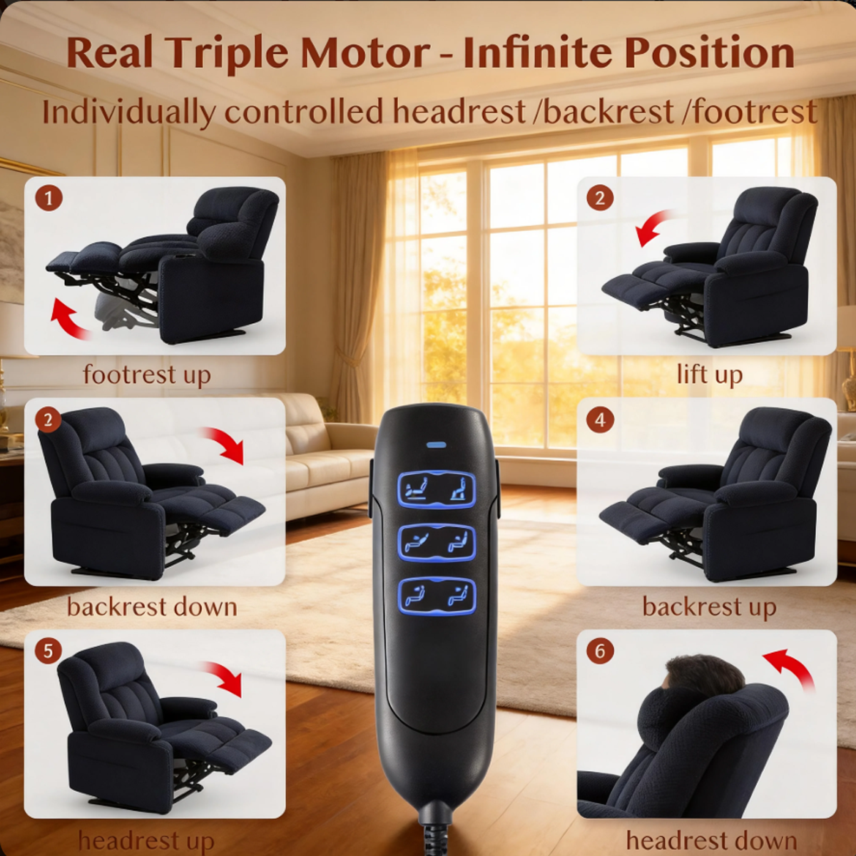 Triple Motor Power Lift Recliner Chair for Elderly,Large Wide Lay Flat Lift Chair with Infinite Position,Power Headrest,Heat & Vibration Massage,Heavy Duty Recliner for Big & Tall Adults,Blue