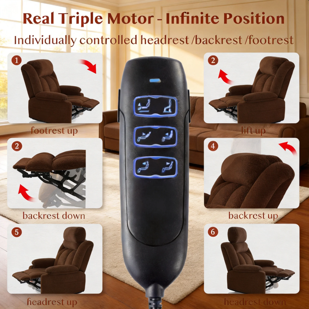 Triple Motor Power Lift Recliner Chair for Elderly,Large Wide Lay Flat Lift Chair with Infinite Position,Power Headrest,Heat & Vibration Massage,Heavy Duty Recliner for Big & Tall Seniors,Dark Brown