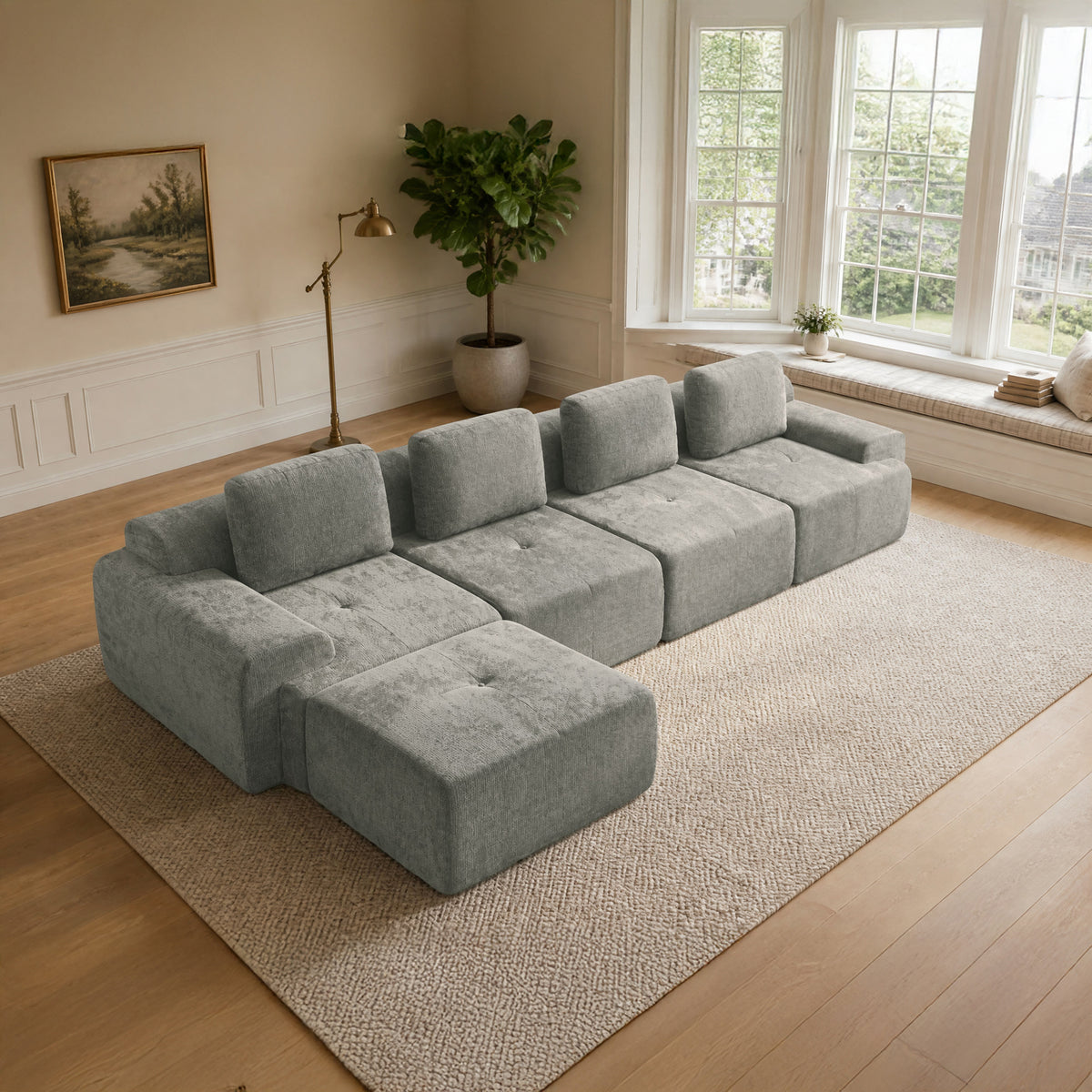 159" Modular Sectional Sofa,Cloud Couch with Extra Deep Seat & High Back,No Assembly,Soft Chenille Fabric,Memory Foam Couch for Living Room ,L shaped(4+1),Light Gray