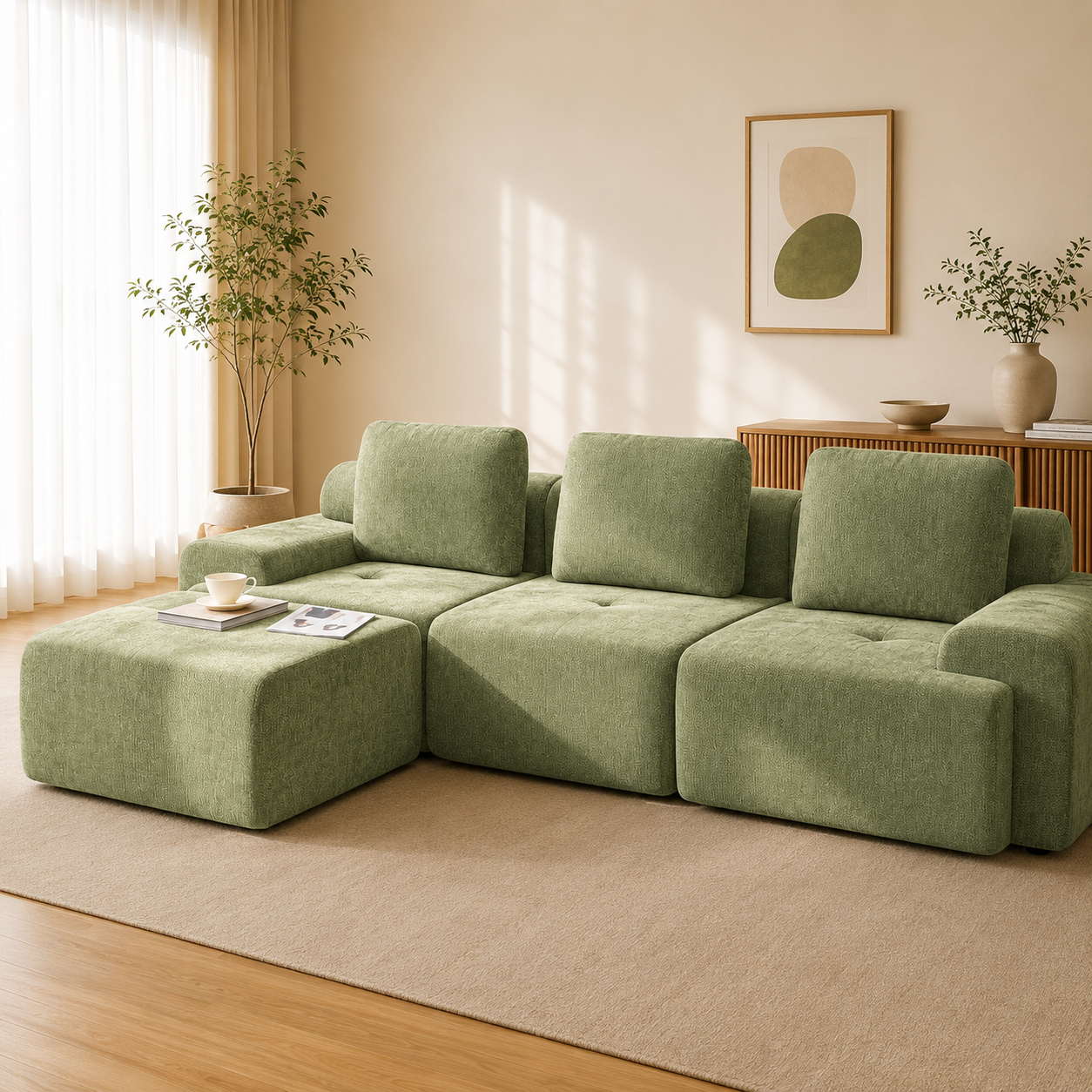 122" Modular Sectional Sofa,Cloud Couch with Extra Deep Seat & High Back,No Assembly,Soft Chenille Fabric,Memory Foam Couch for Living Room ,(3+0),Green