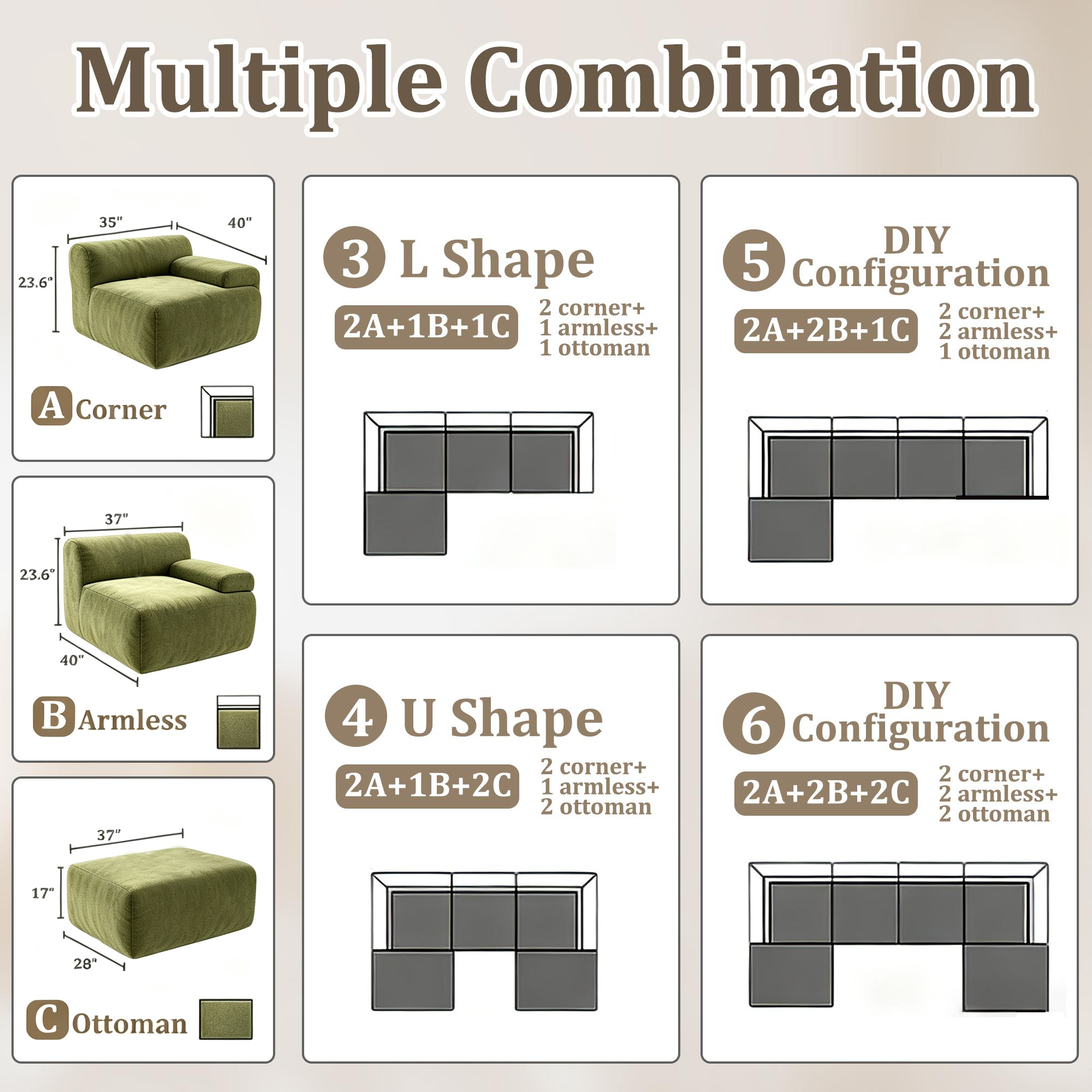 122" Modular Sectional Sofa,Cloud Couch with Extra Deep Seat & High Back,No Assembly,Soft Chenille Fabric,Memory Foam Couch for Living Room ,(3+0),Green