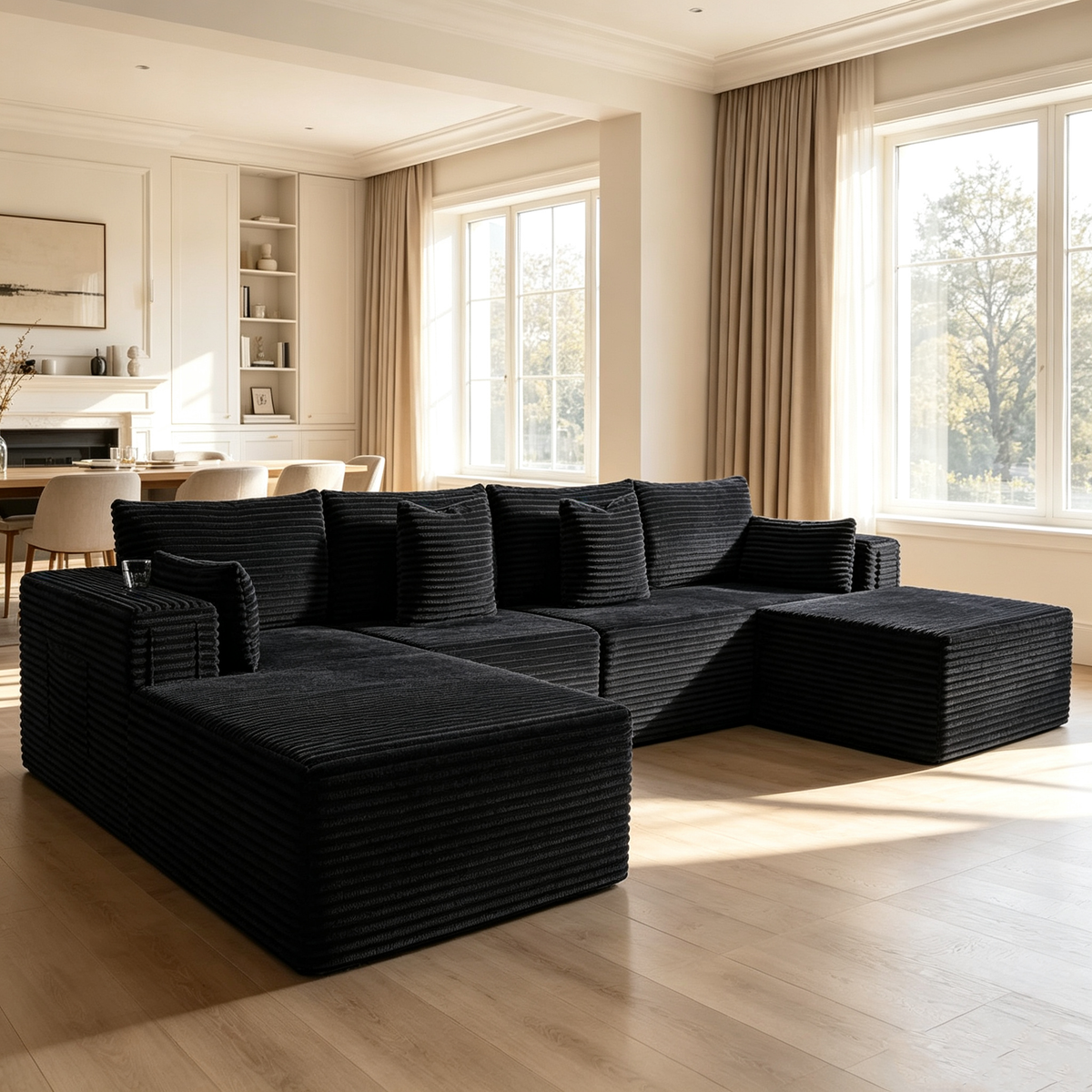 138"Modular Cloud Sectional Sofa with Chaise,Extra Deep Seat Corduroy Couch,Memory Foam,No Assembly,Living Room & Apartment,Black