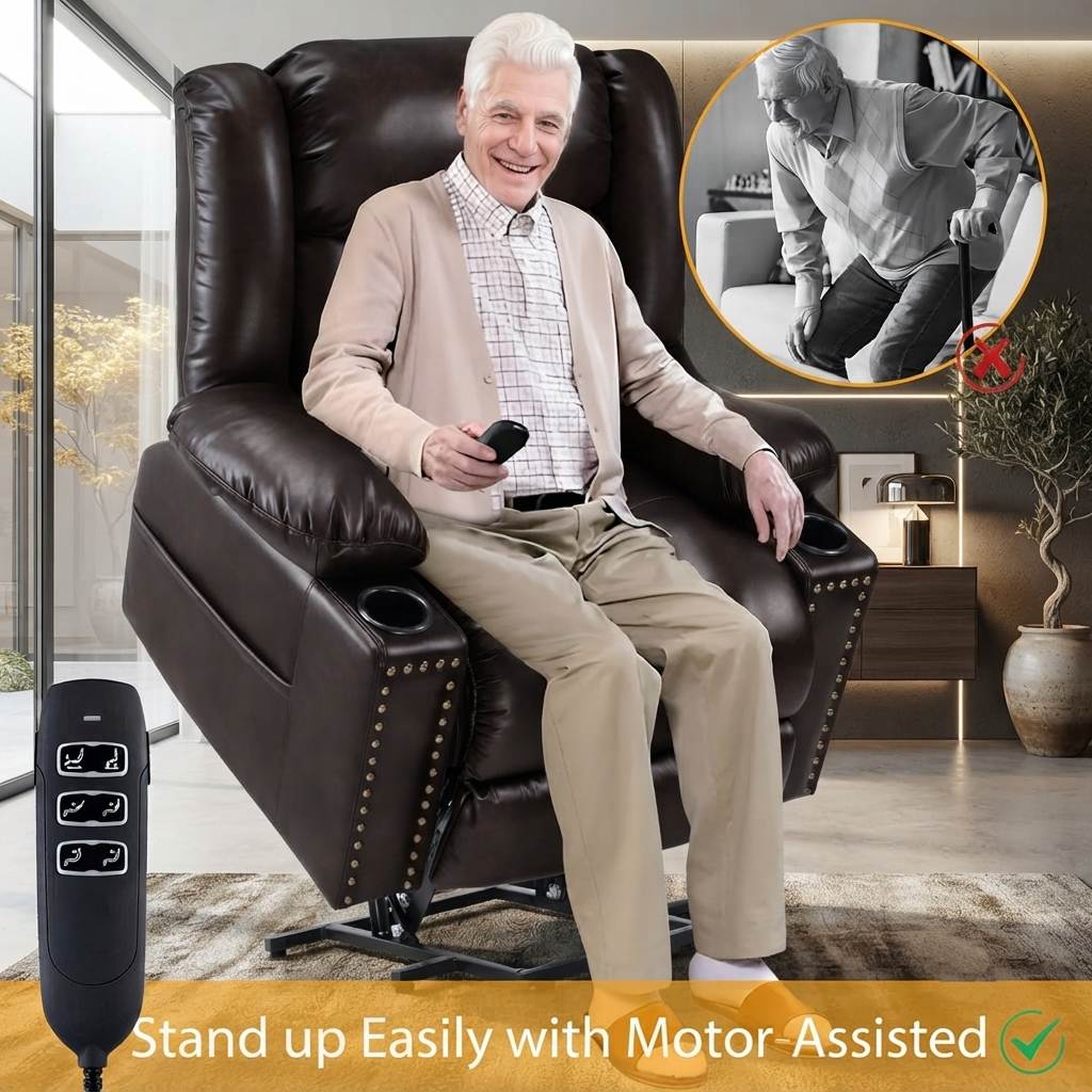 Triple Motor Power Lift Recliner Chair for Elderly with Heat & Vibration Massage,Extended Footrest,USB-A & USB-C Ports,Faux Leather,Dark Brown