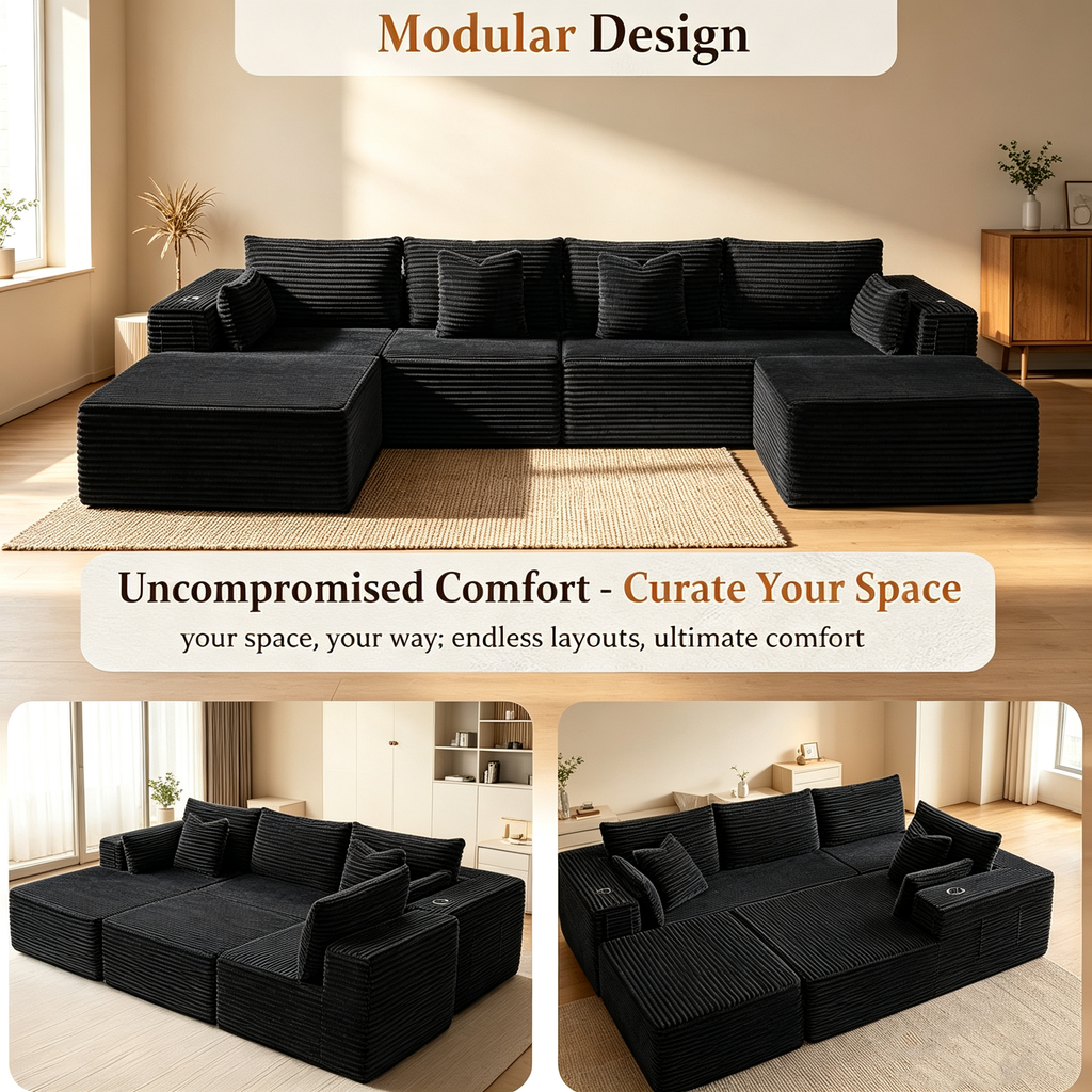 108"Modular Cloud Sectional Sofa with Chaise,Extra Deep Seat Corduroy Couch,Memory Foam,No Assembly,Living Room & Apartment,Black