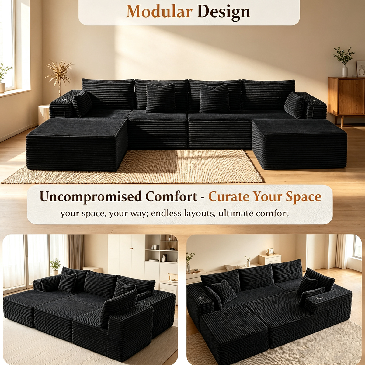 108"Modular Cloud Sectional Sofa with Chaise,Extra Deep Seat Corduroy Couch,Memory Foam,No Assembly,Living Room & Apartment,Black