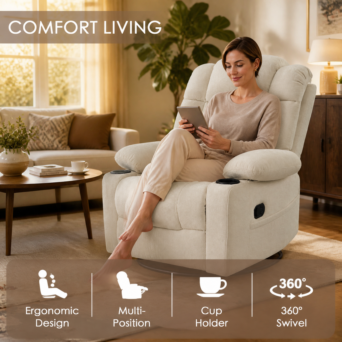 Swivel Rocker Recliner Chair for Adults with Heat & Vibration Massage, 360° Swivel Reclining Chair with Cup Holders, Pull-Out Footrest, Fabric Single Sofa for Living Room,Beige