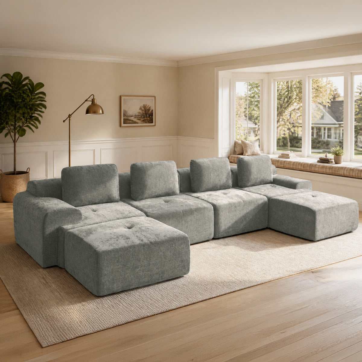 159" Modular Sectional Sofa,Cloud Couch with Extra Deep Seat & High Back,No Assembly,Soft Chenille Fabric,Memory Foam Couch for Living Room ,U shaped(4+2),Light Gray
