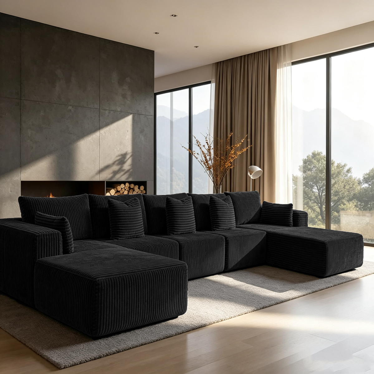 168"Modular Cloud Sectional Sofa with Chaise,Extra Deep Seat Corduroy Couch,Memory Foam,No Assembly,Living Room & Apartment,Black