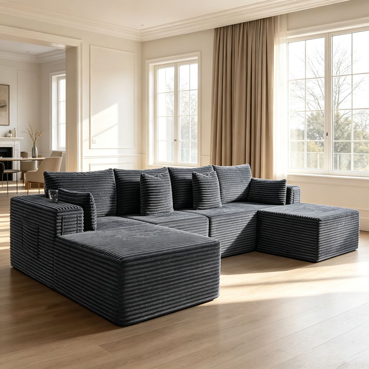 138"Modular Cloud Sectional Sofa with Chaise,Extra Deep Seat Corduroy Couch,Memory Foam,No Assembly,Living Room & Apartment,Dark Gray