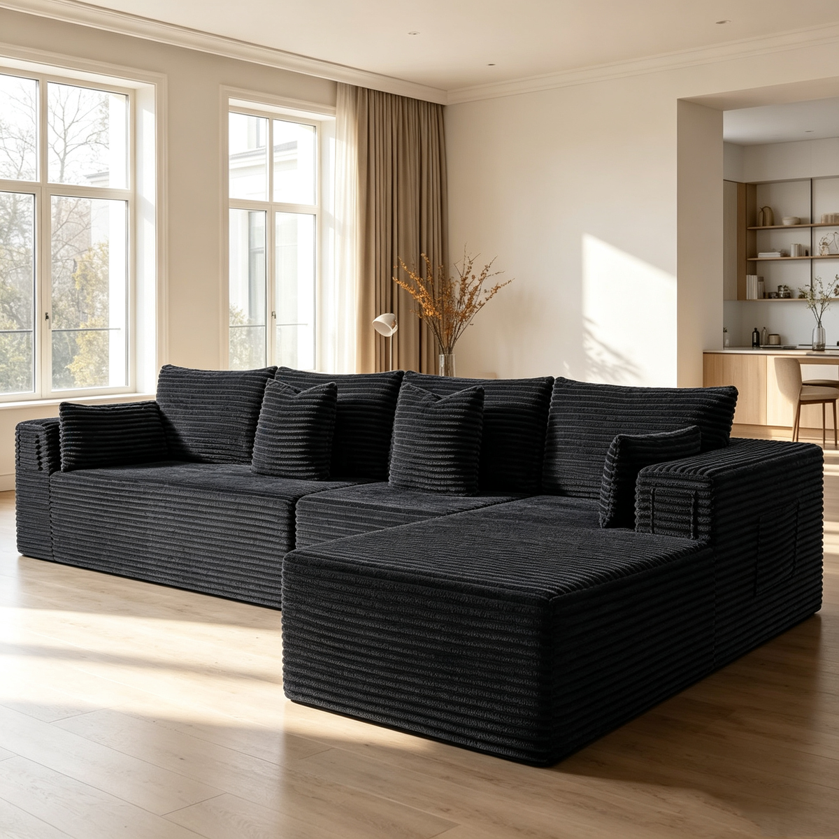 138"Modular Cloud Sectional Sofa with Chaise,Extra Deep Seat Corduroy Couch,Memory Foam,No Assembly,Living Room & Apartment,Black