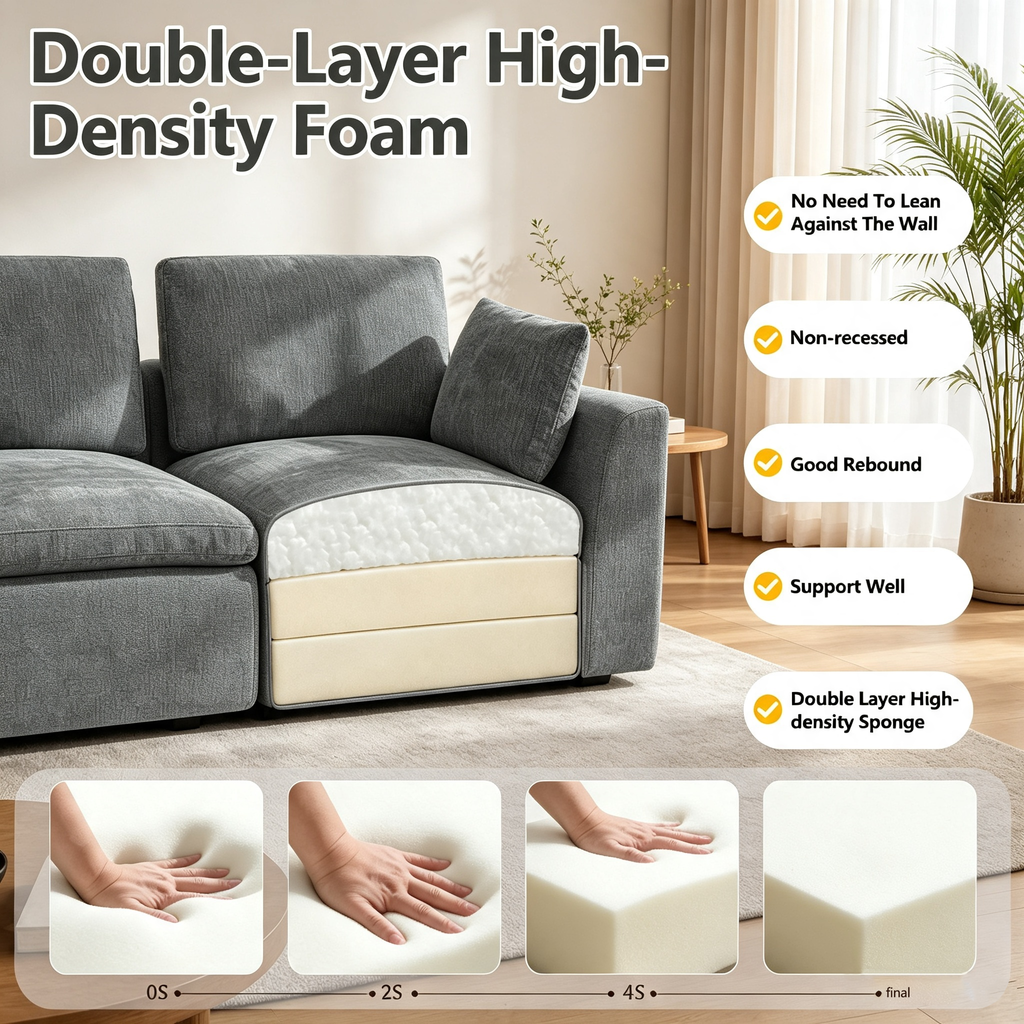 110" Modular Sectional Sofa with Ottoman,Boneless Cloud Couch with Double-Layer Memory Foam and Chenille Fabric,Deep Seat Comfortable Sofa for Living Room,Dark Gray,4 Seater L shaped