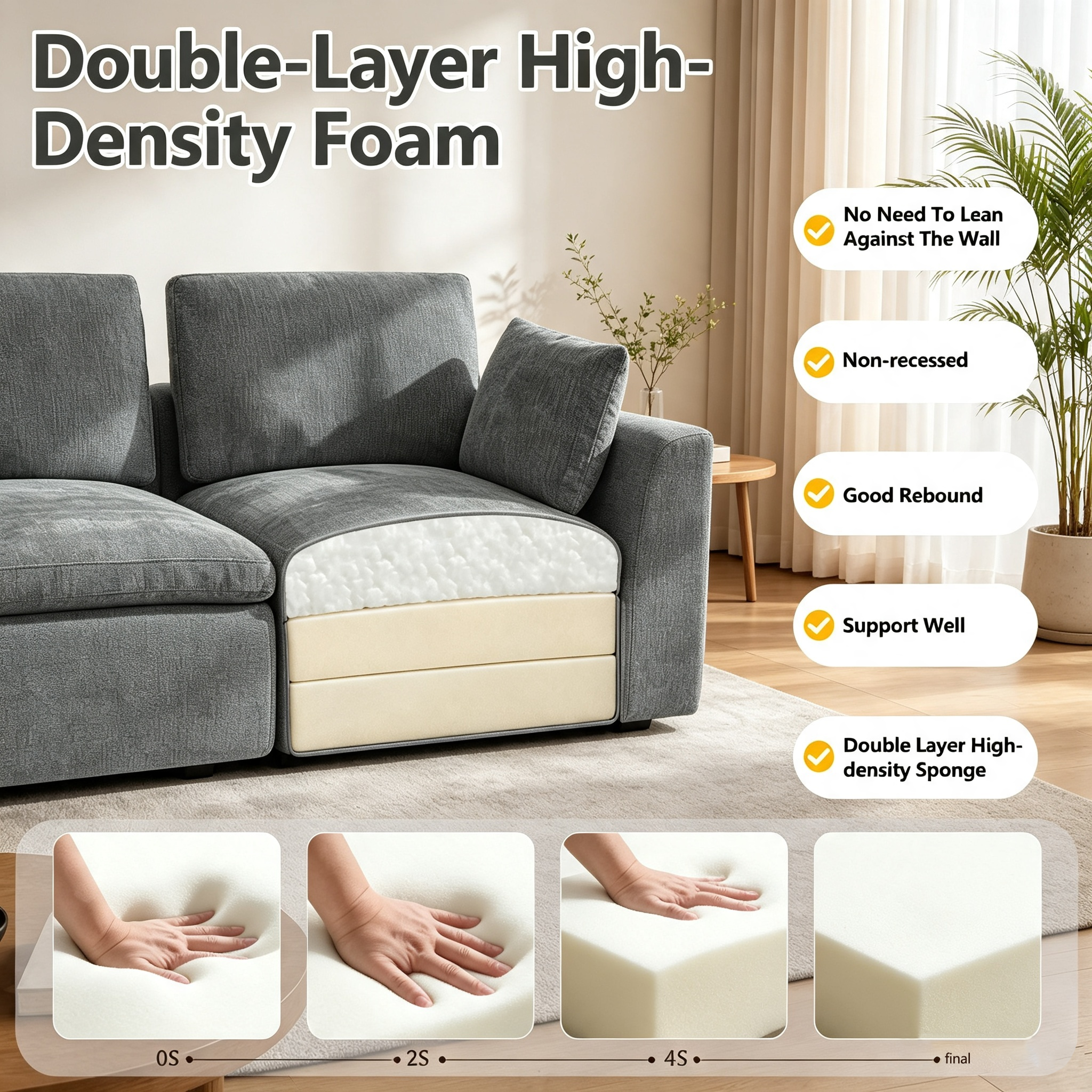 110" Modular Sectional Sofa with Ottoman,Boneless Cloud Couch with Double-Layer Memory Foam and Chenille Fabric,Deep Seat Comfortable Sofa for Living Room,Dark Gray,4 Seater L shaped