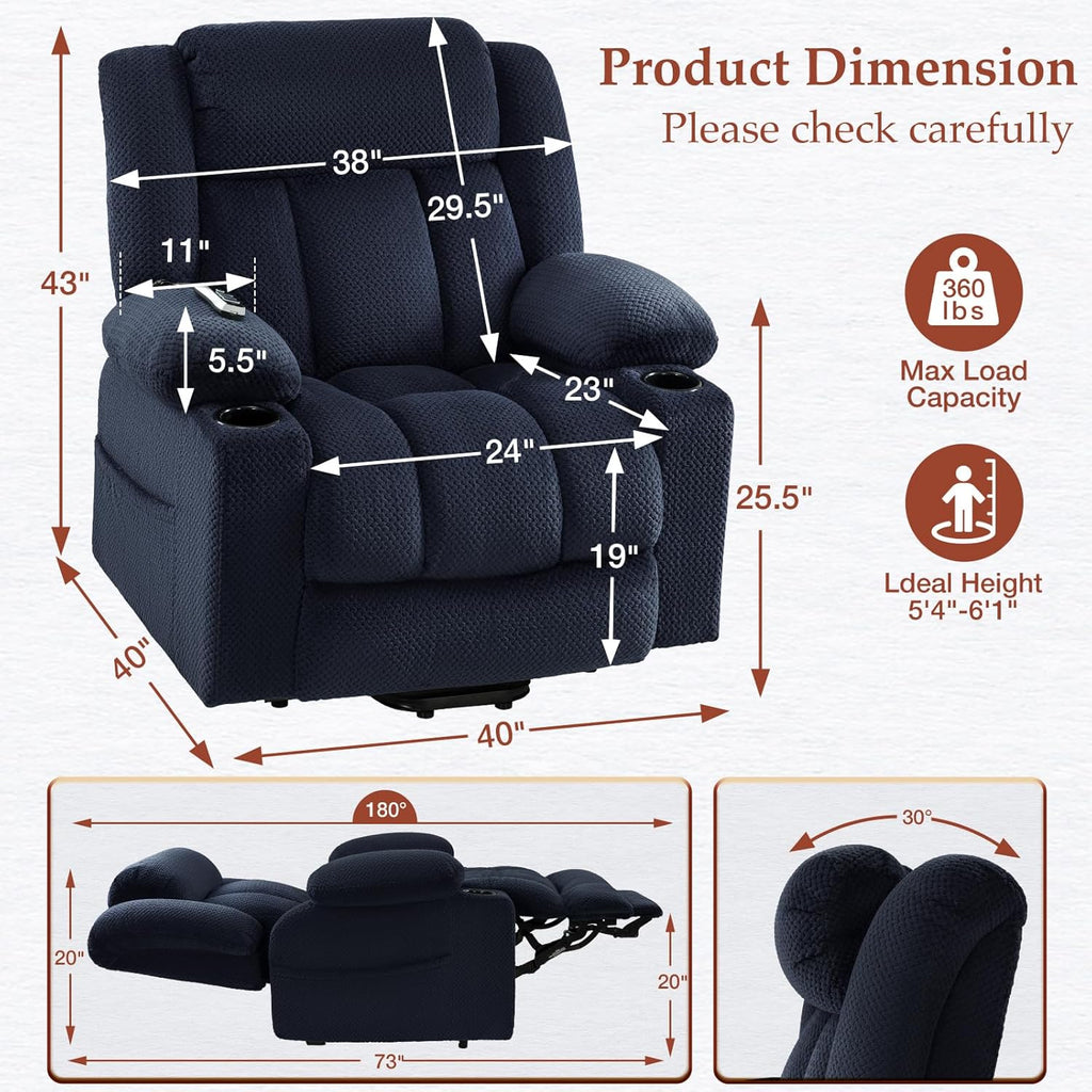 Triple Motor Power Lift Recliner Chair for Elderly,Large Wide Lay Flat Lift Chair with Infinite Position,Power Headrest,Heat & Vibration Massage,Heavy Duty Recliner for Big & Tall Adults,Blue
