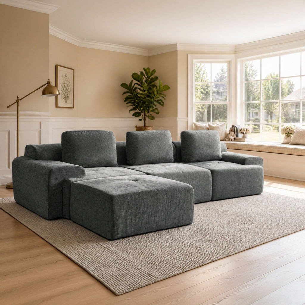 122" Modular Sectional Sofa,Cloud Couch with Extra Deep Seat & High Back,No Assembly,Soft Chenille Fabric,Memory Foam Couch for Living Room ,L shaped(3+1),Dark Gray