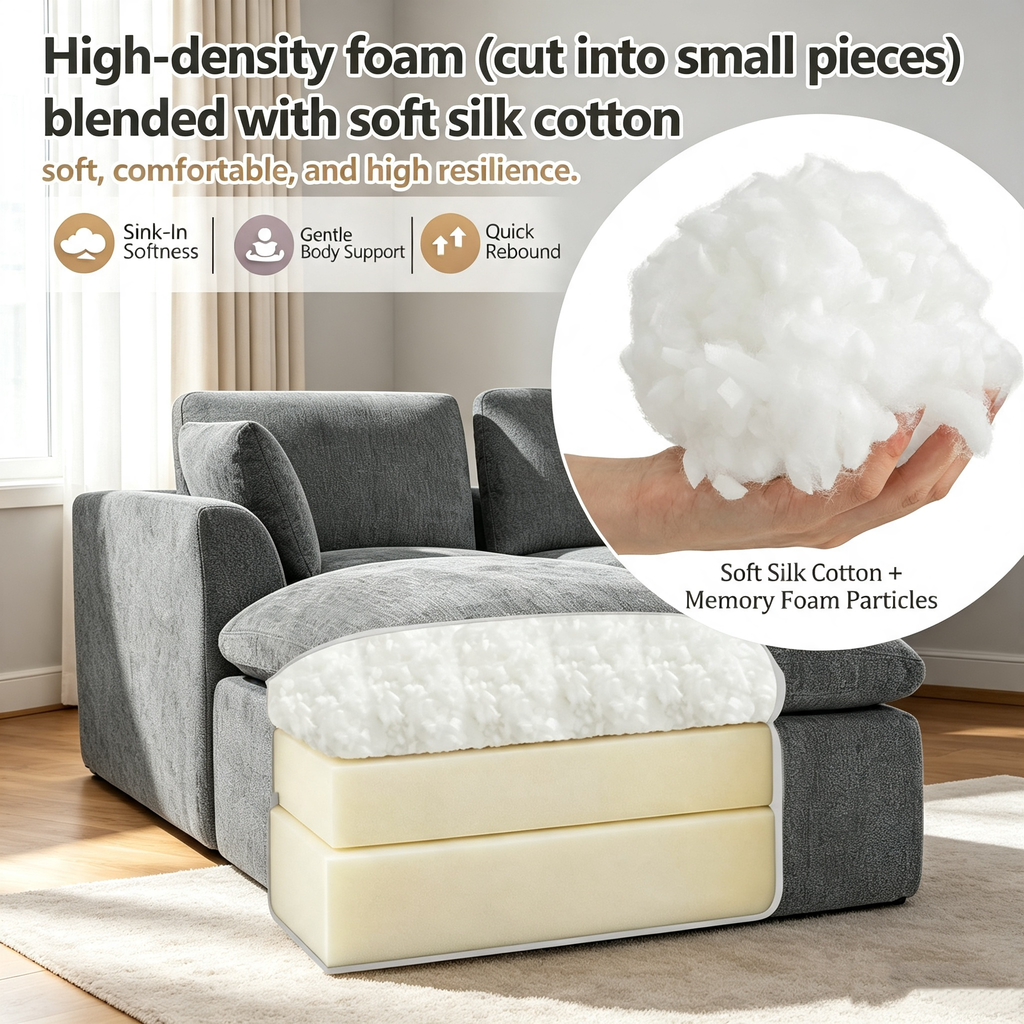 110" Modular Sectional Sofa with Ottoman,Boneless Cloud Couch with Double-Layer Memory Foam and Chenille Fabric,Deep Seat Comfortable Sofa for Living Room,Dark Gray,4 Seater L shaped