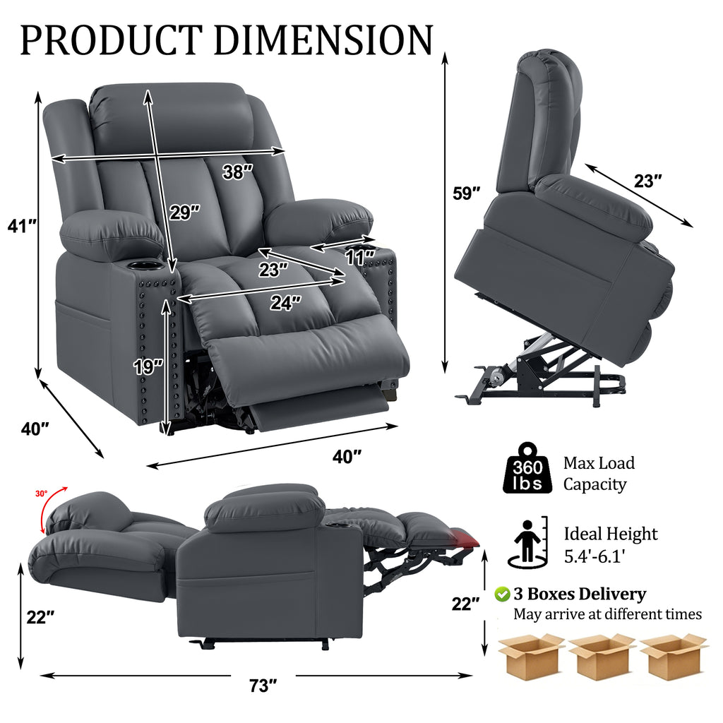 Triple Motor Power Lift Recliner Chair for Elderly with Heat & Vibration Massage,Extended Footrest,USB-A & USB-C Ports,Faux Leather,Grey