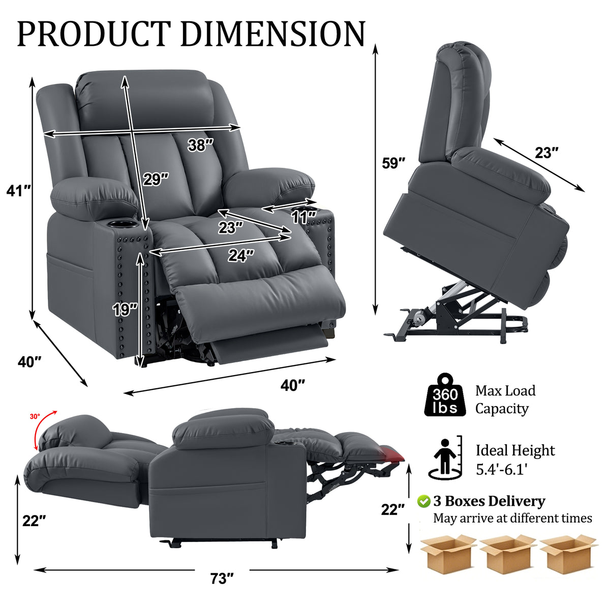 Triple Motor Power Lift Recliner Chair for Elderly with Heat & Vibration Massage,Extended Footrest,USB-A & USB-C Ports,Faux Leather,Grey