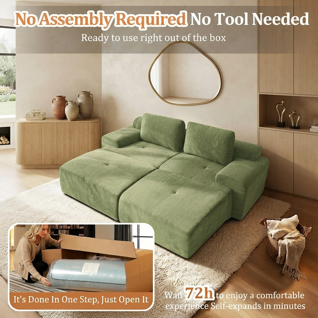 85" Modular Sectional Sofa,Cloud Couch with Extra Deep Seat & High Back,No Assembly,Soft Chenille Fabric,Memory Foam Couch for Living Room ,(2+2),Green