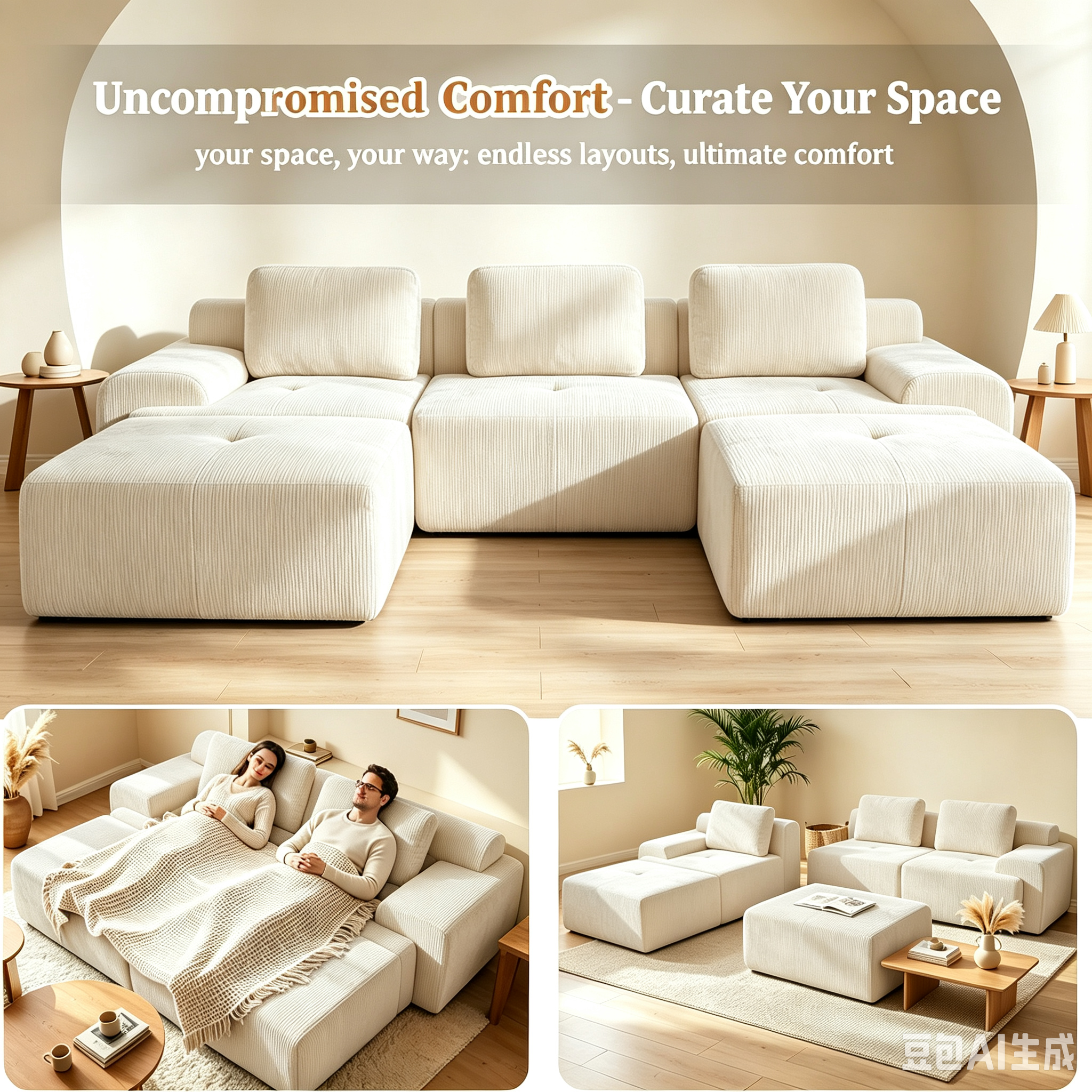 122" Modular Sectional Sofa,Cloud Couch with Extra Deep Seat & High Back,No Assembly,Soft Chenille Fabric,Memory Foam Couch for Living Room ,L shaped(3+1),Beige