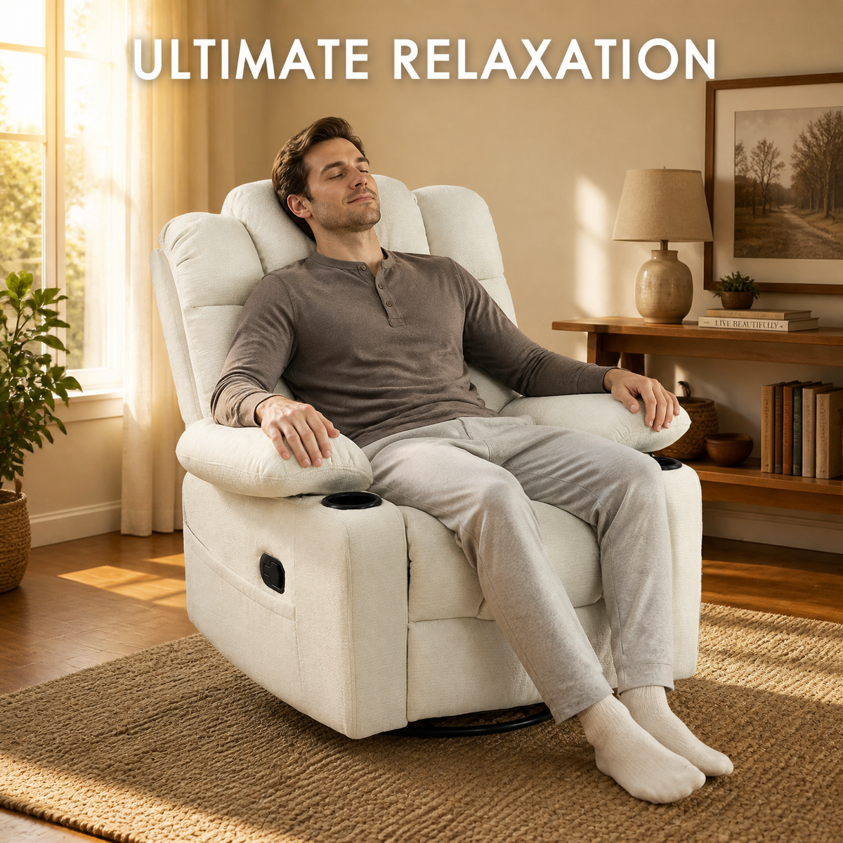 Swivel Rocker Recliner Chair for Adults with Heat & Vibration Massage, 360° Swivel Reclining Chair with Cup Holders, Pull-Out Footrest, Fabric Single Sofa for Living Room,Beige