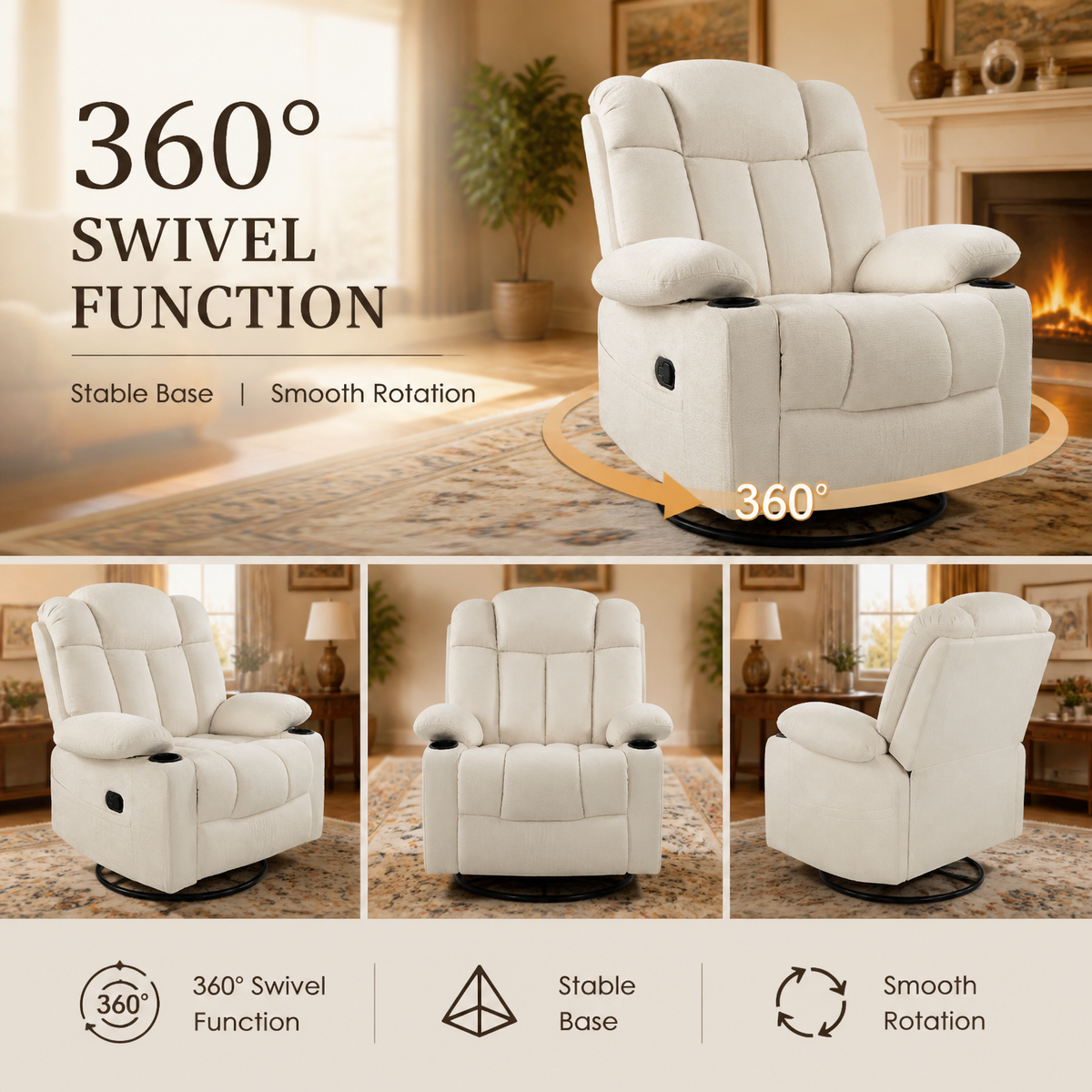 Swivel Rocker Recliner Chair for Adults with Heat & Vibration Massage, 360° Swivel Reclining Chair with Cup Holders, Pull-Out Footrest, Fabric Single Sofa for Living Room,Beige