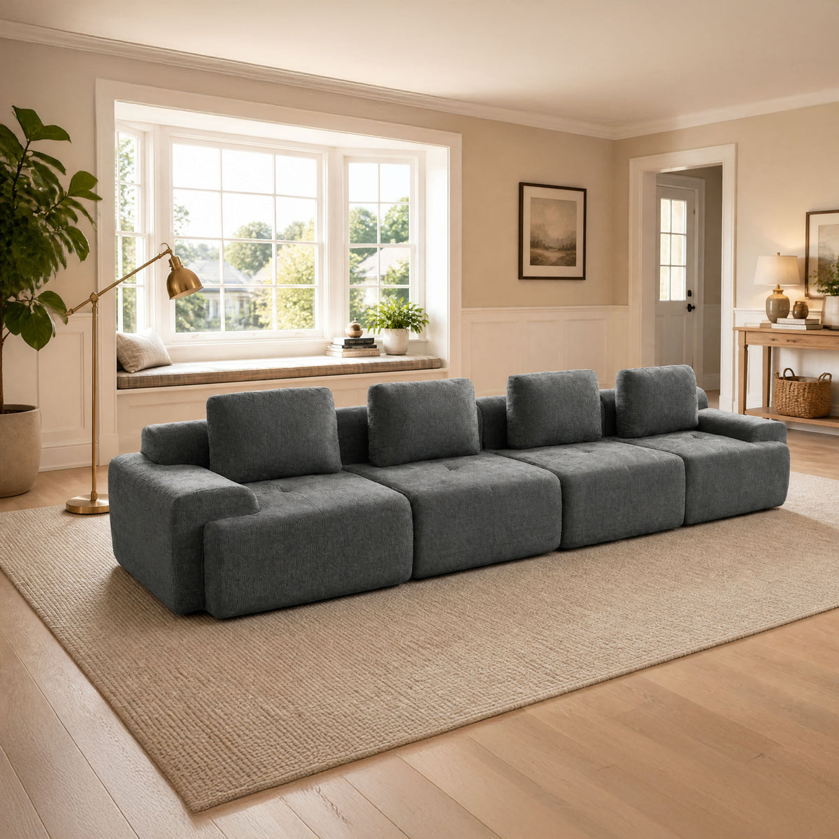 159" Modular Sectional Sofa,Cloud Couch with Extra Deep Seat & High Back,No Assembly,Soft Chenille Fabric,Memory Foam Couch for Living Room ,(4+0),Dark Gray