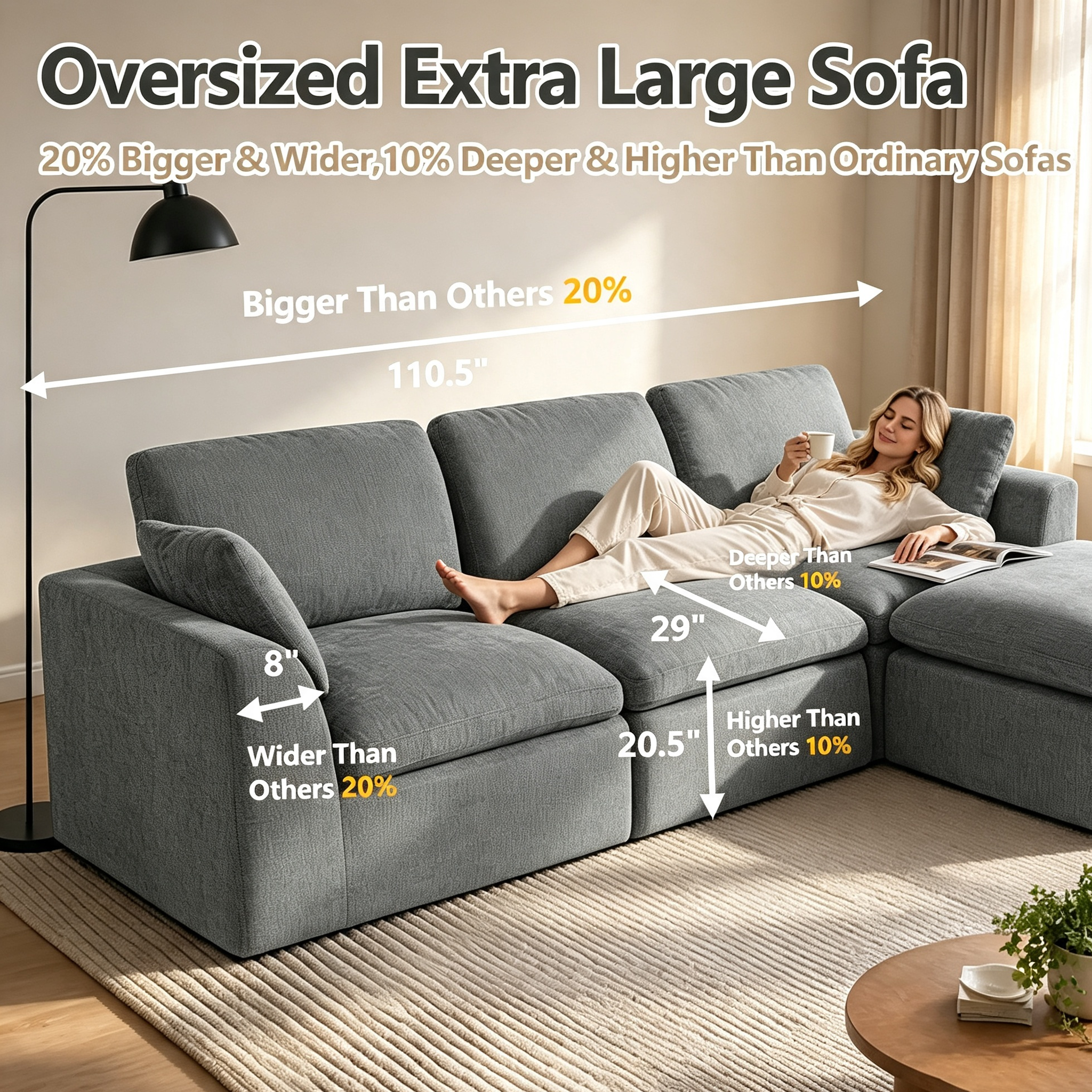 110" Modular Sectional Sofa with Ottoman,Boneless Cloud Couch with Double-Layer Memory Foam and Chenille Fabric,Deep Seat Comfortable Sofa for Living Room,Dark Gray,4 Seater L shaped