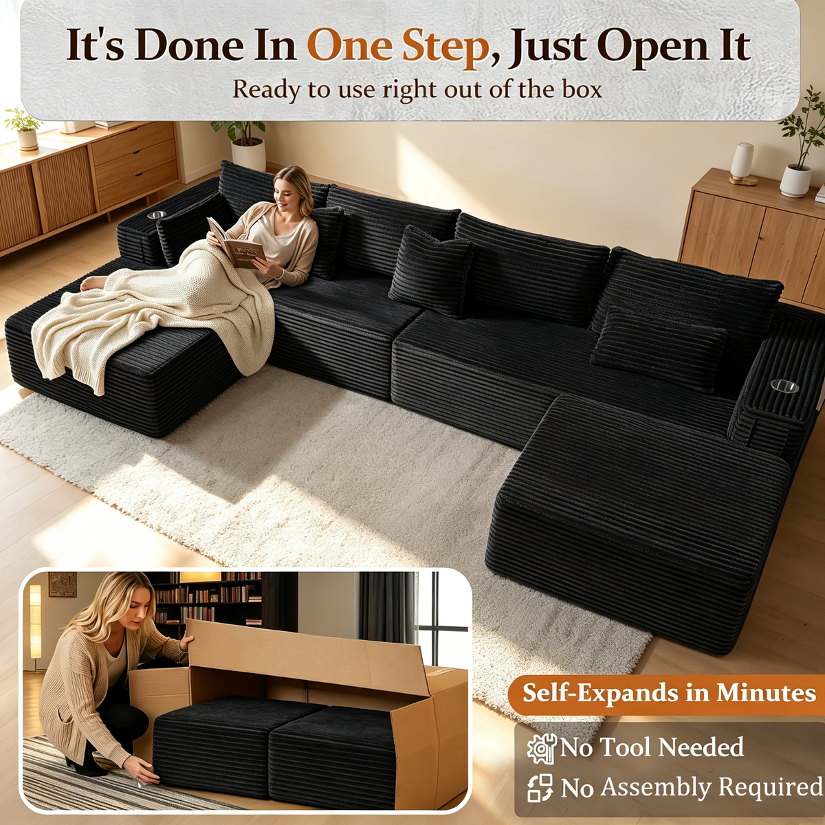 108"Modular Cloud Sectional Sofa with Chaise,Extra Deep Seat Corduroy Couch,Memory Foam,No Assembly,Living Room & Apartment,Black