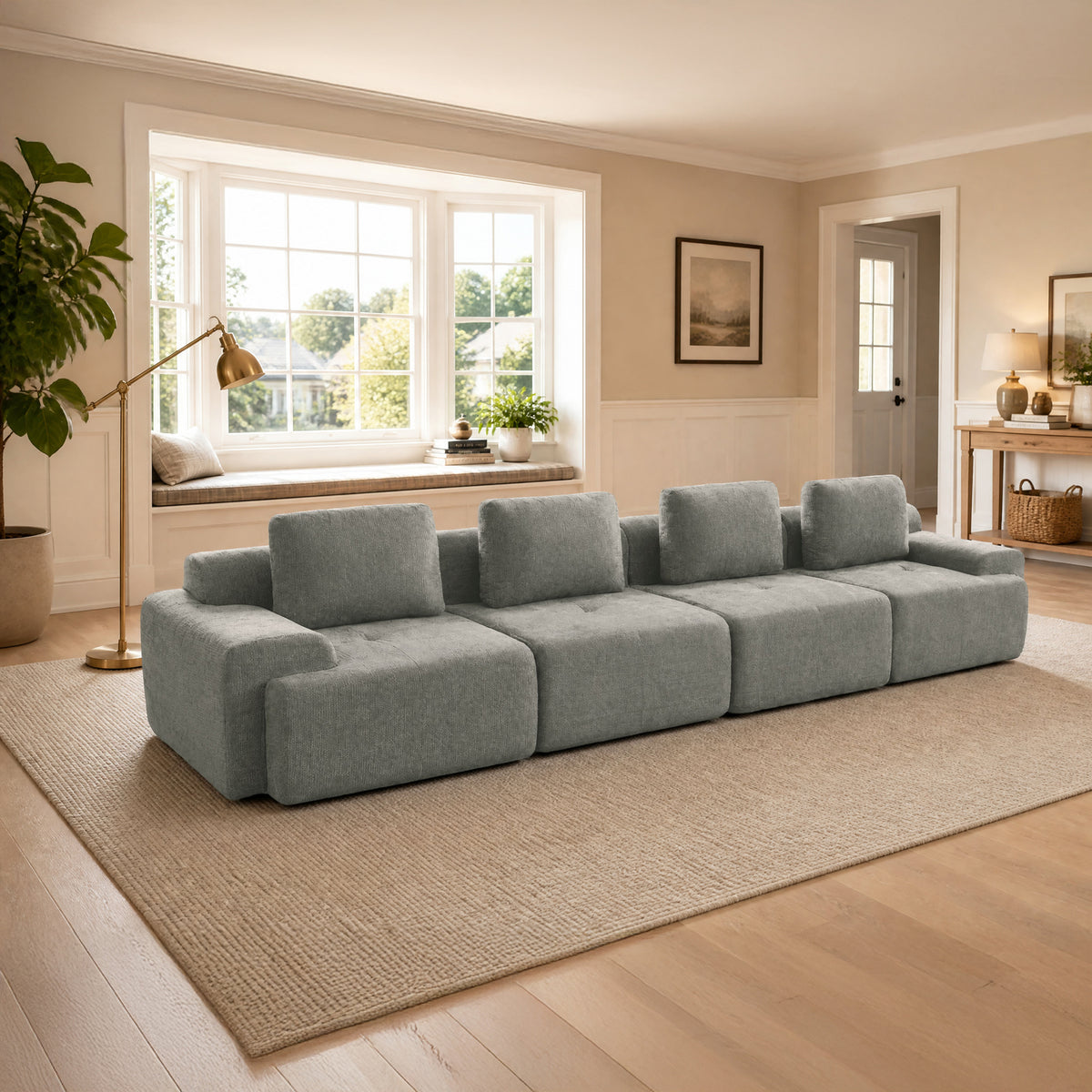 159" Modular Sectional Sofa,Cloud Couch with Extra Deep Seat & High Back,No Assembly,Soft Chenille Fabric,Memory Foam Couch for Living Room ,(4+0),Light Gray