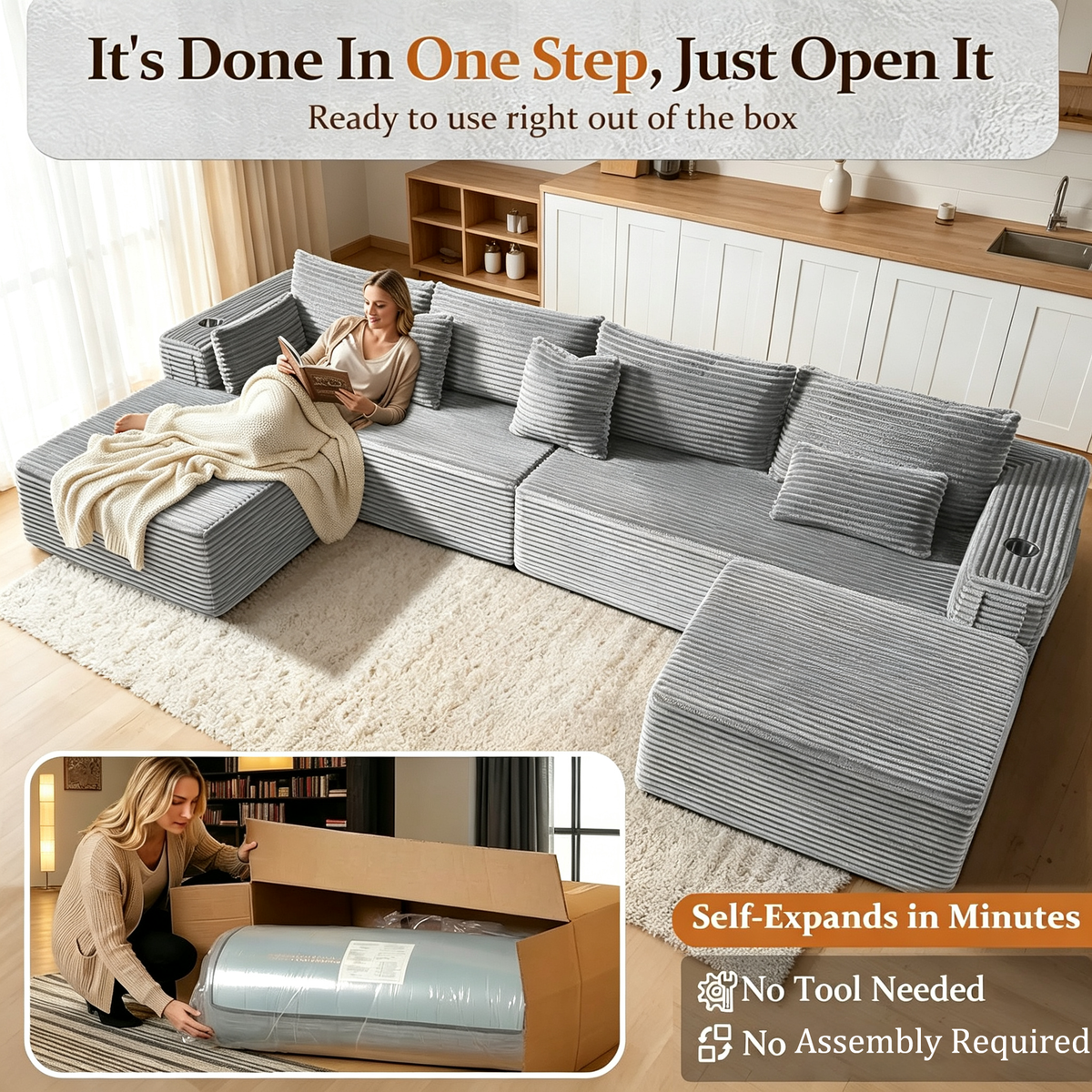 108"Modular Cloud Sectional Sofa with Chaise,Extra Deep Seat Corduroy Couch,Memory Foam,No Assembly,Living Room & Apartment,Light Gray