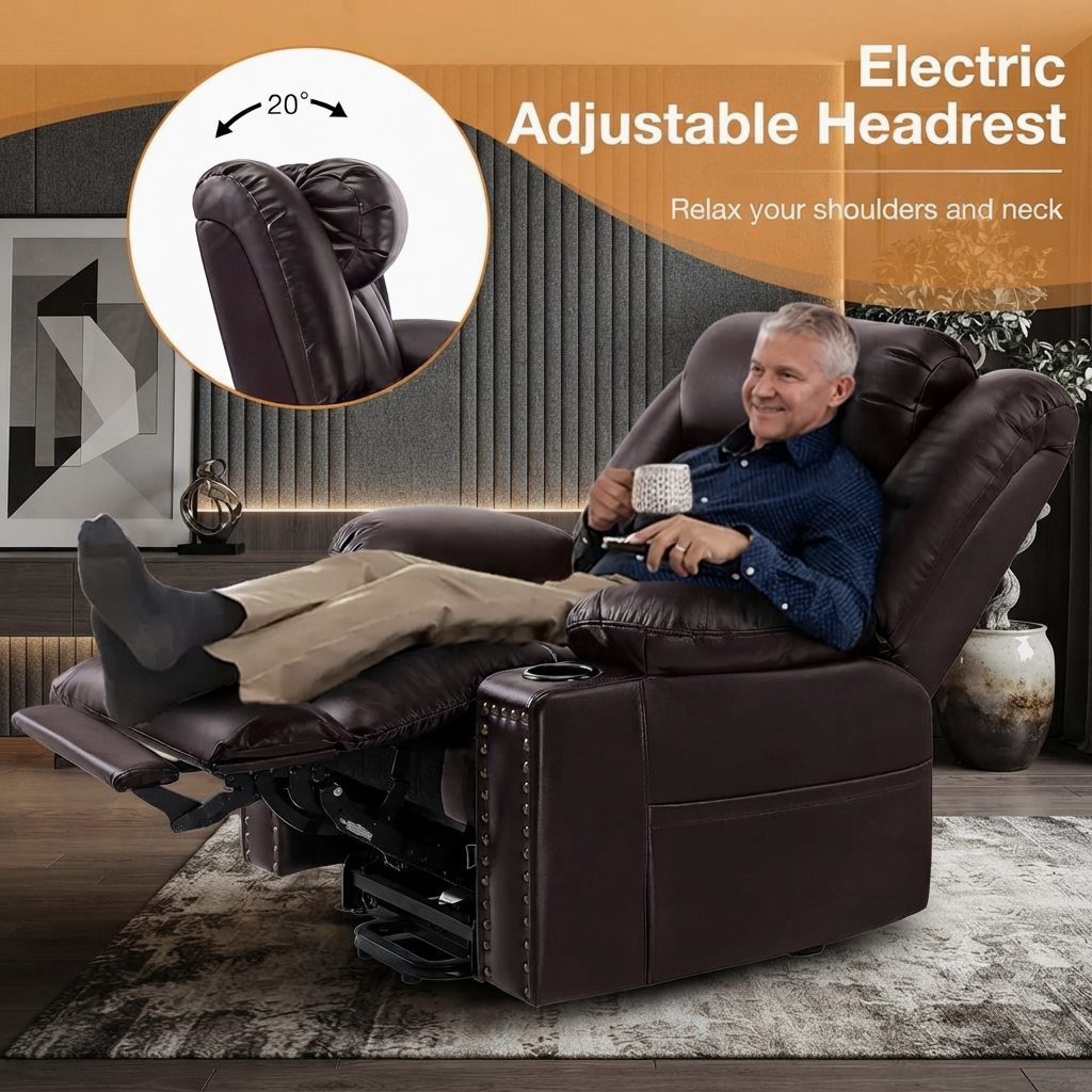 Triple Motor Power Lift Recliner Chair for Elderly with Heat & Vibration Massage,Extended Footrest,USB-A & USB-C Ports,Faux Leather,Dark Brown