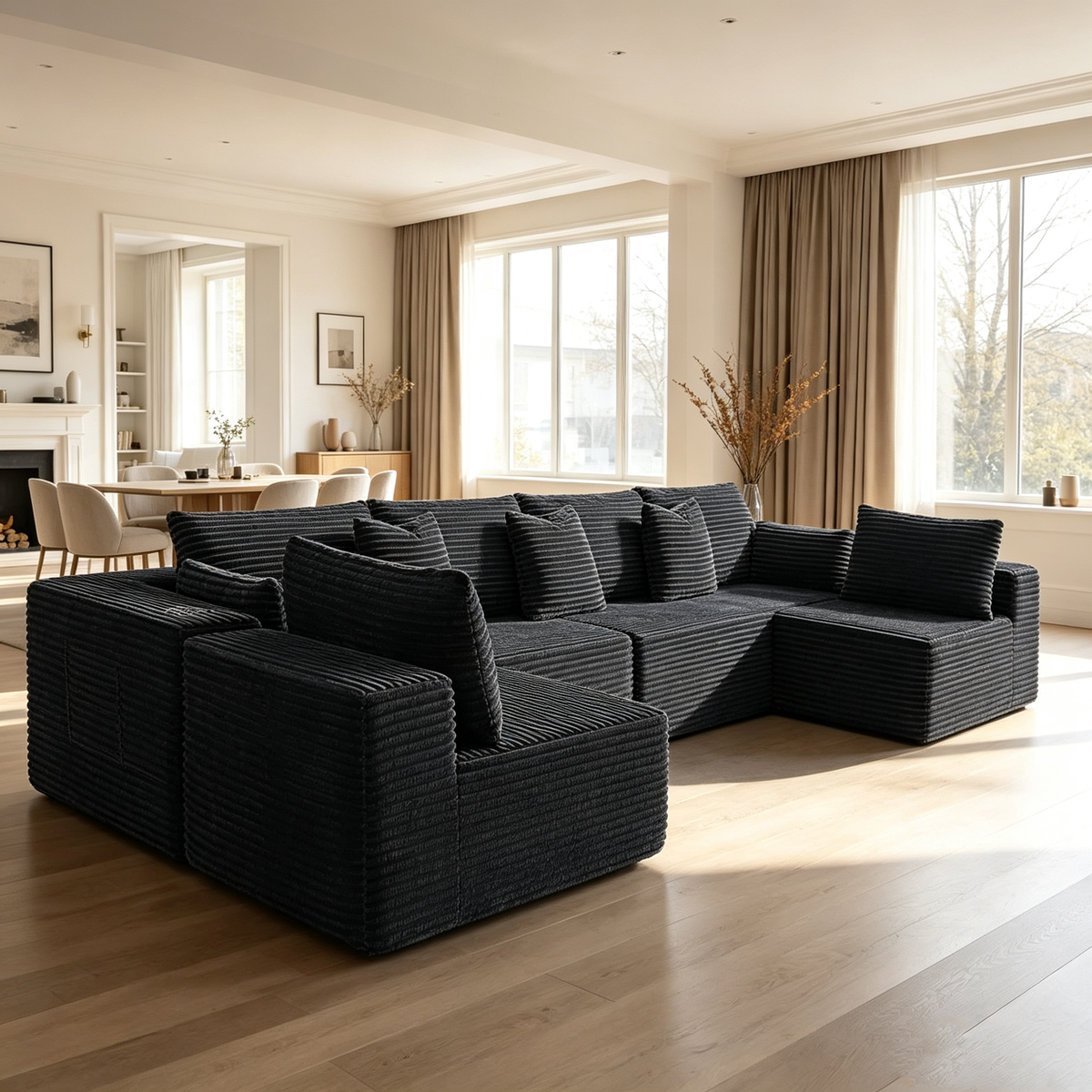 138"Modular Cloud Sectional Sofa with Chaise,Extra Deep Seat Corduroy Couch,Memory Foam,No Assembly,Living Room & Apartment,Black