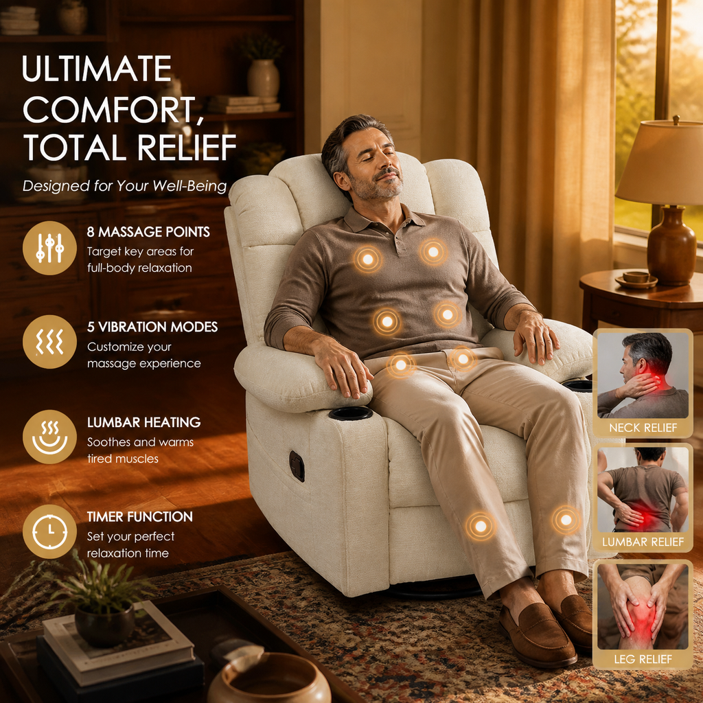 Swivel Rocker Recliner Chair for Adults with Heat & Vibration Massage, 360° Swivel Reclining Chair with Cup Holders, Pull-Out Footrest, Fabric Single Sofa for Living Room,Beige