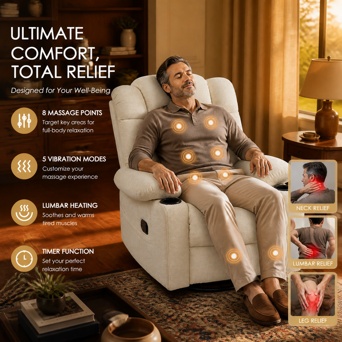 Swivel Rocker Recliner Chair for Adults with Heat & Vibration Massage, 360° Swivel Reclining Chair with Cup Holders, Pull-Out Footrest, Fabric Single Sofa for Living Room,Beige