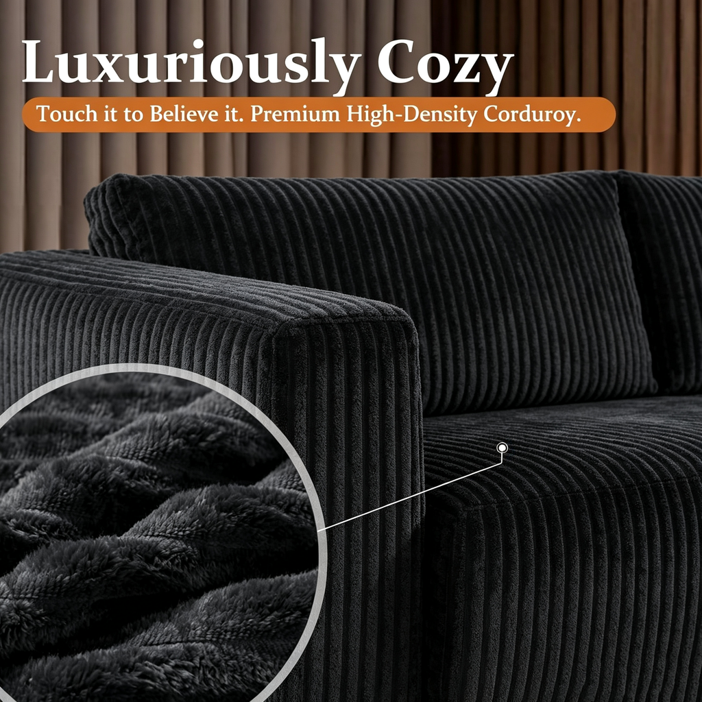 108"Modular Cloud Sectional Sofa with Chaise,Extra Deep Seat Corduroy Couch,Memory Foam,No Assembly,Living Room & Apartment,Black