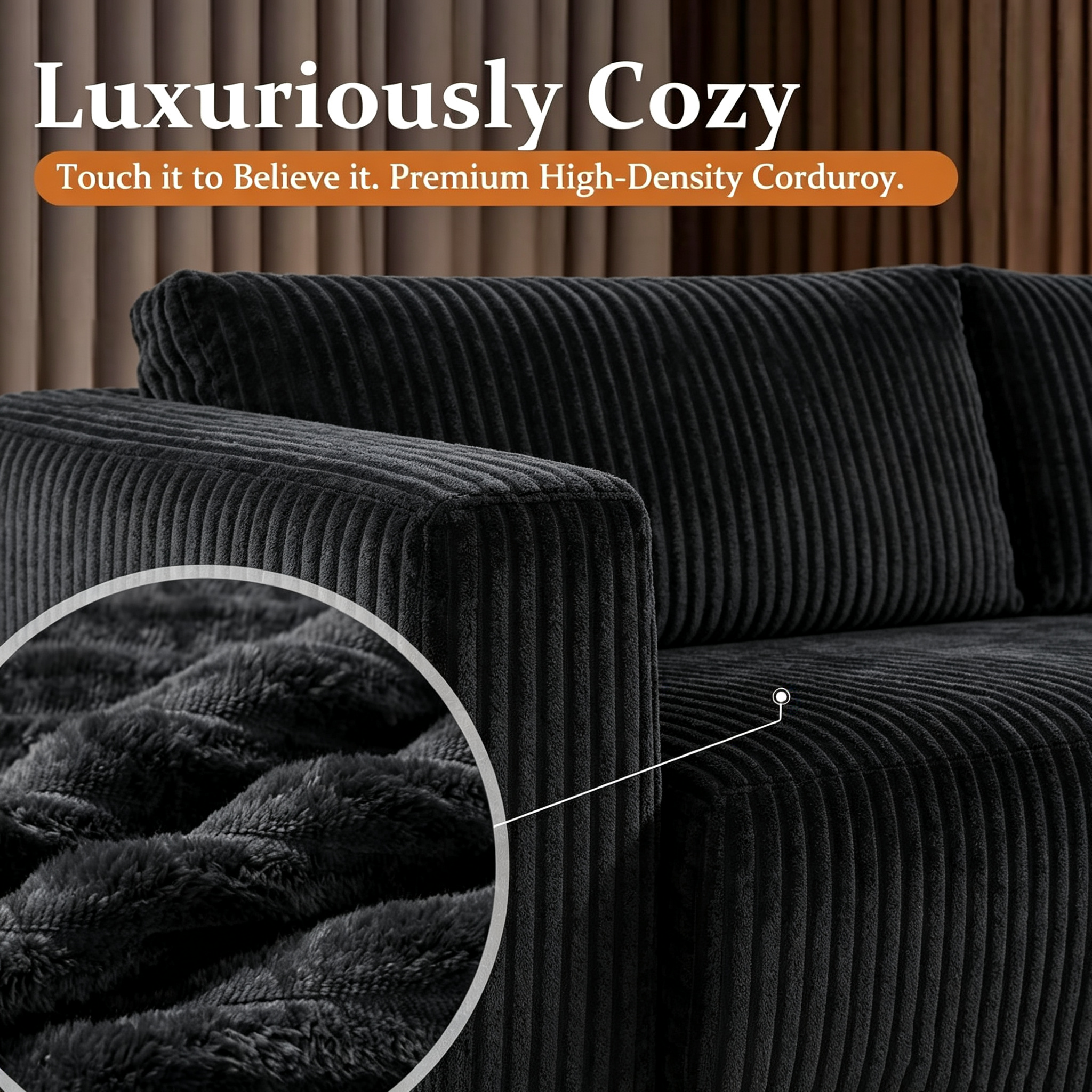 108"Modular Cloud Sectional Sofa with Chaise,Extra Deep Seat Corduroy Couch,Memory Foam,No Assembly,Living Room & Apartment,Black