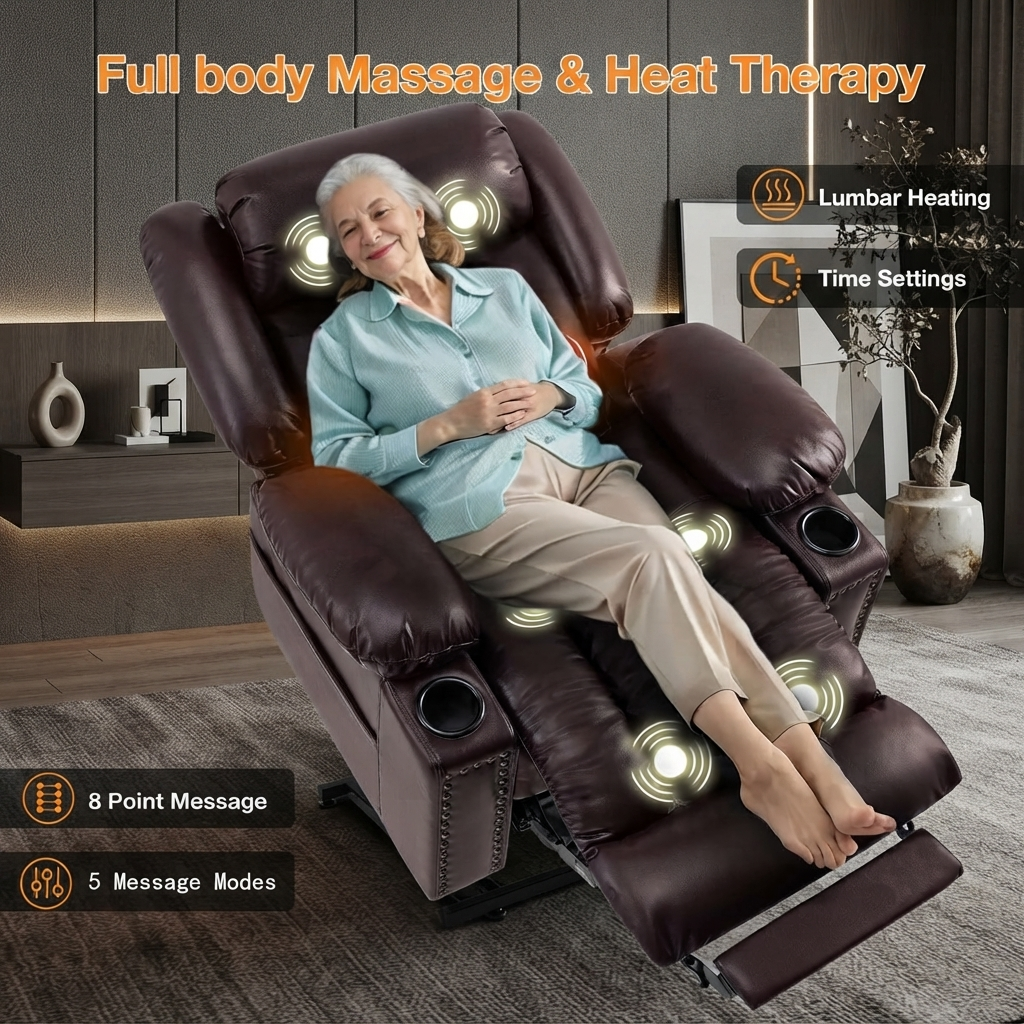 Triple Motor Power Lift Recliner Chair for Elderly with Heat & Vibration Massage,Extended Footrest,USB-A & USB-C Ports,Faux Leather,Dark Brown