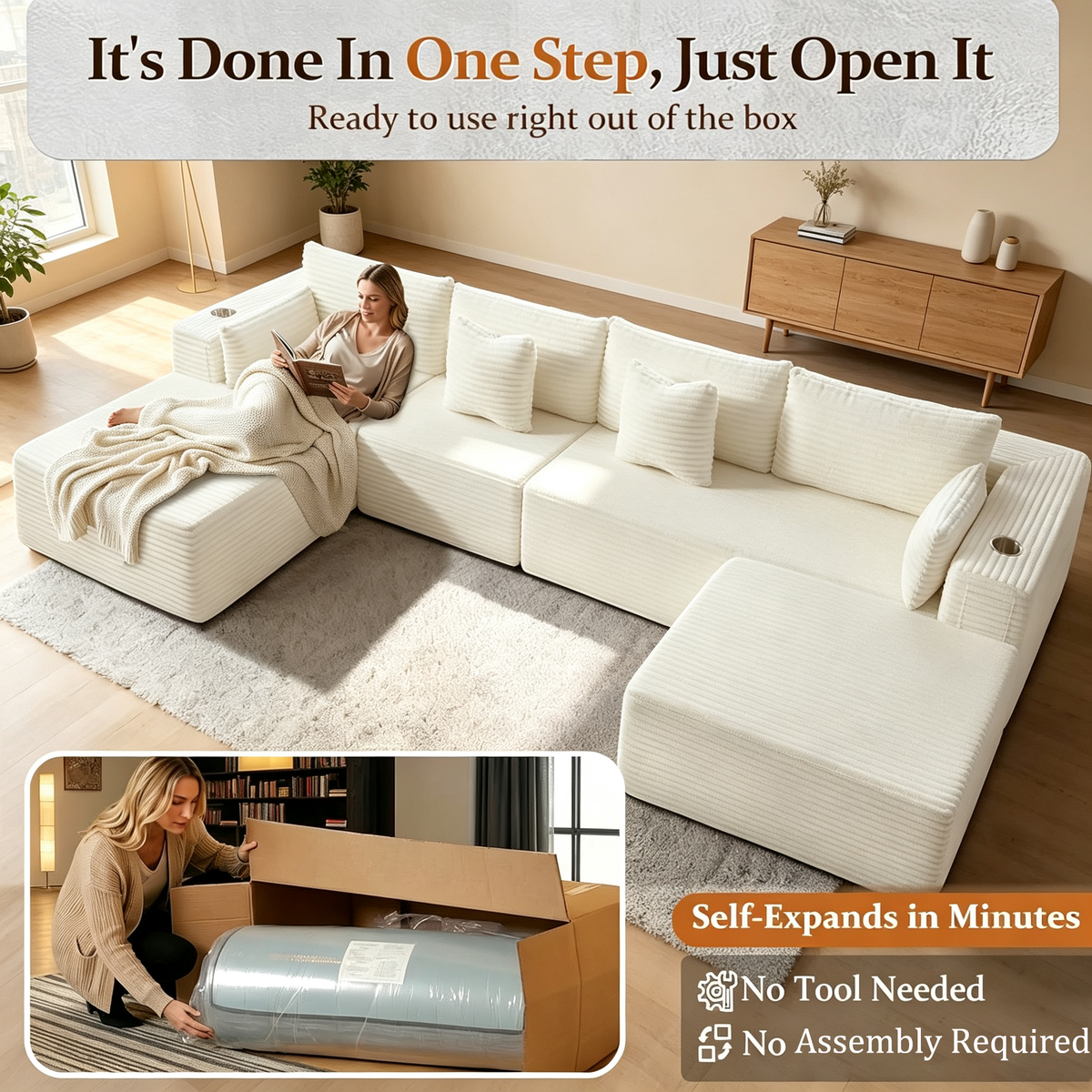 108"Modular Cloud Sectional Sofa with Chaise,Extra Deep Seat Corduroy Couch,Memory Foam,No Assembly,Living Room & Apartment,Beige