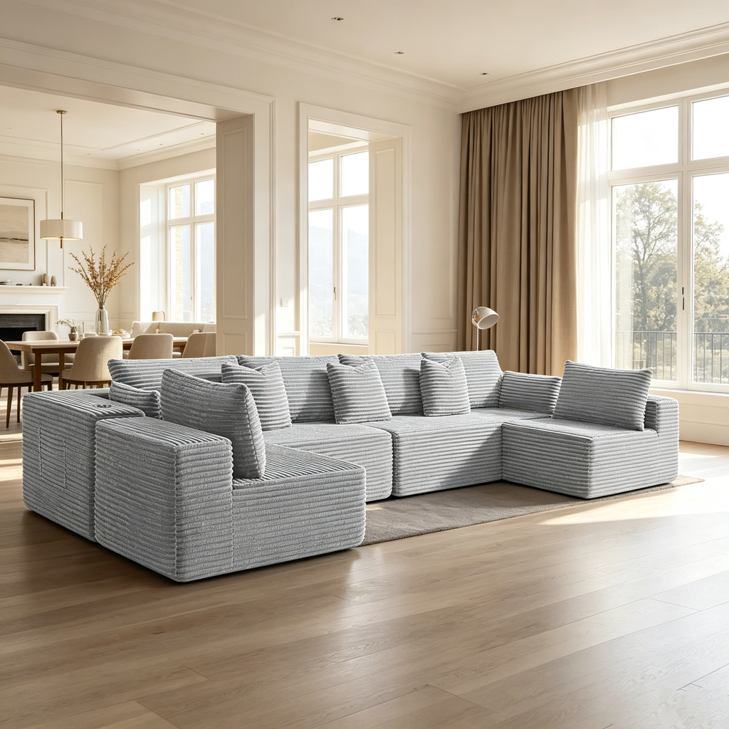 138"Modular Cloud Sectional Sofa with Chaise,Extra Deep Seat Corduroy Couch,Memory Foam,No Assembly,Living Room & Apartment,Light Gray