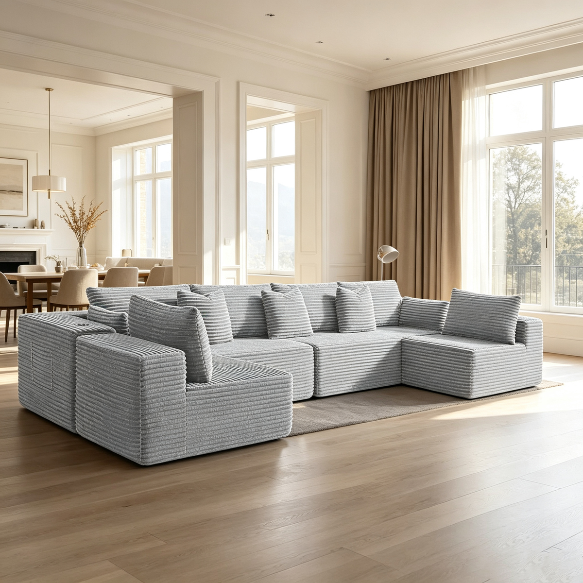 138"Modular Cloud Sectional Sofa with Chaise,Extra Deep Seat Corduroy Couch,Memory Foam,No Assembly,Living Room & Apartment,Light Gray